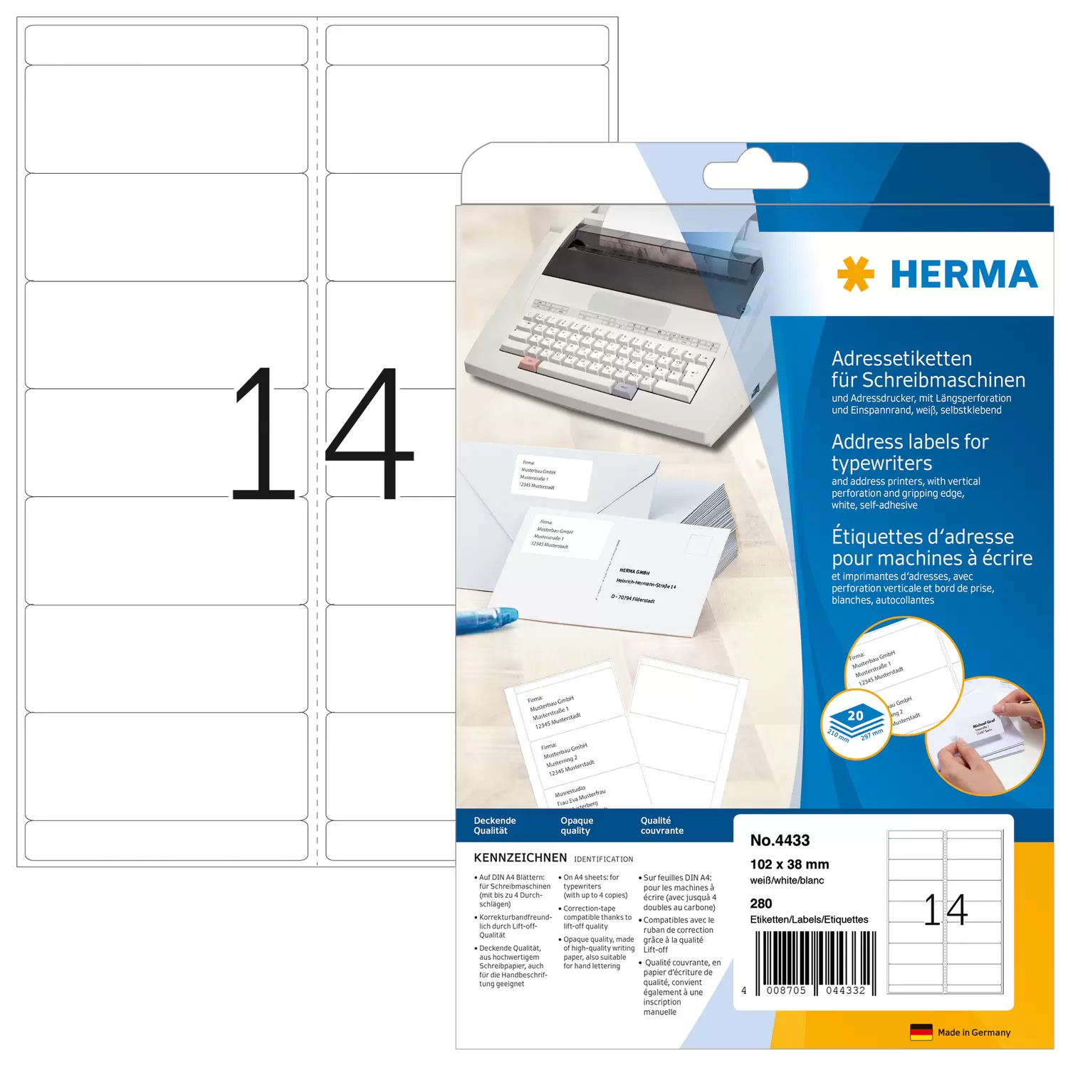 HERMA Papier - matt - permanent selbstklebend - perforiert - weiß - 102 x 38 mm 280 Etikett(en) (20 Bogen x 14), Ansicht 4