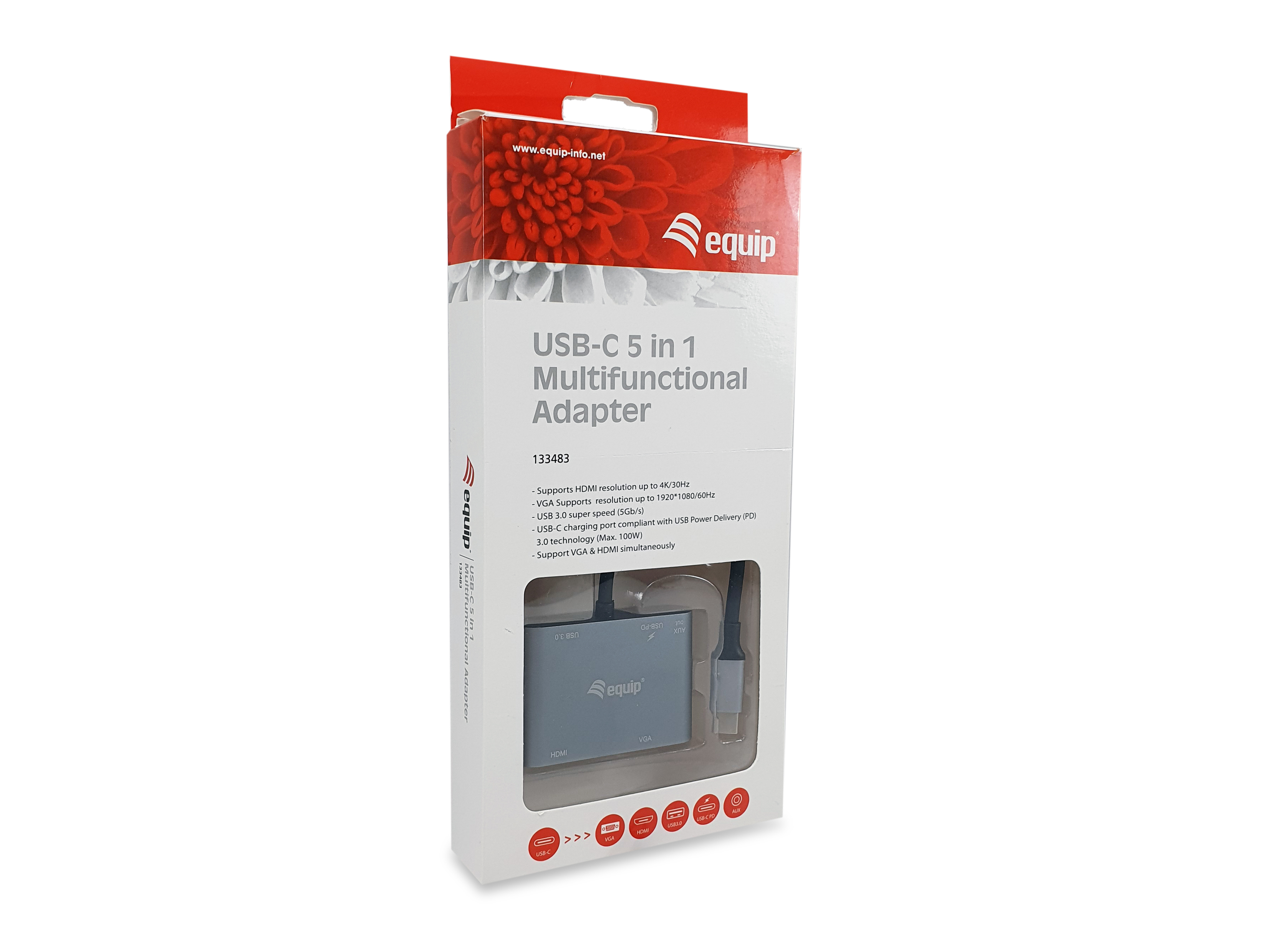 Equip USB-C 5-in-1 Multifunktionsadapter - Kabelgebunden - USB 3.2 Gen 1 (3.1 Gen 1) Type-C - 100 W - Schwarz - Grau, Ansicht 2