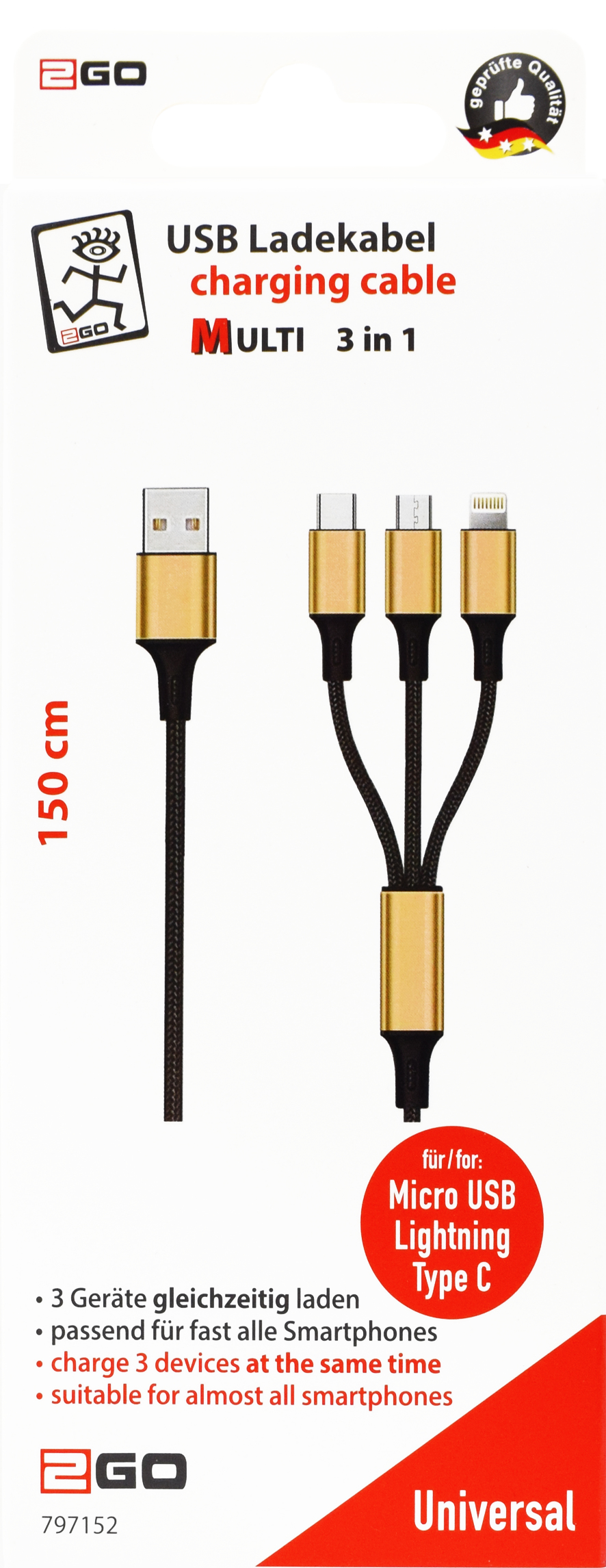 2GO 3in1 USB Ladekabel Micro-USB Apple TypeC Nylon gold - Kabel - Digital/Daten, Ansicht 2