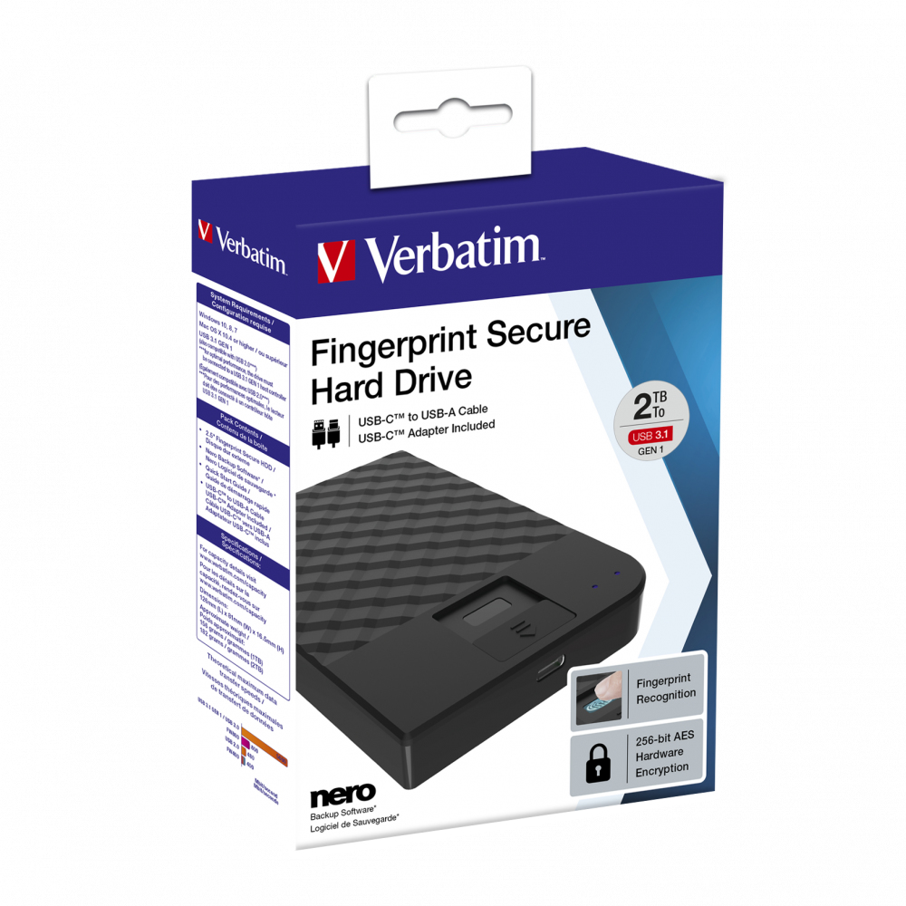 Verbatim Fingerprint Secure Tragbare Festplatte 2 TB - 2000 GB - 3.2 Gen 1 (3.1 Gen 1) - Schwarz