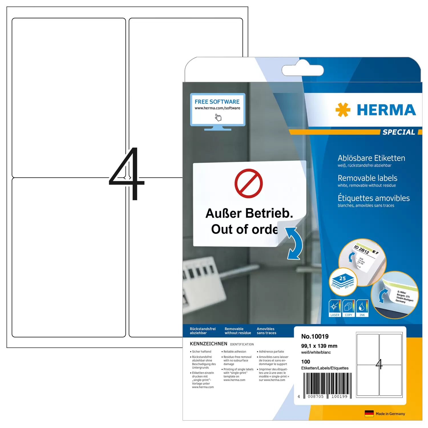HERMA Special - Papier - matt - selbstklebend, neu positionierbar - weiß - 99.1 x 139 mm 100 Etikett(en) (25 Bogen x 4), Ansicht 4