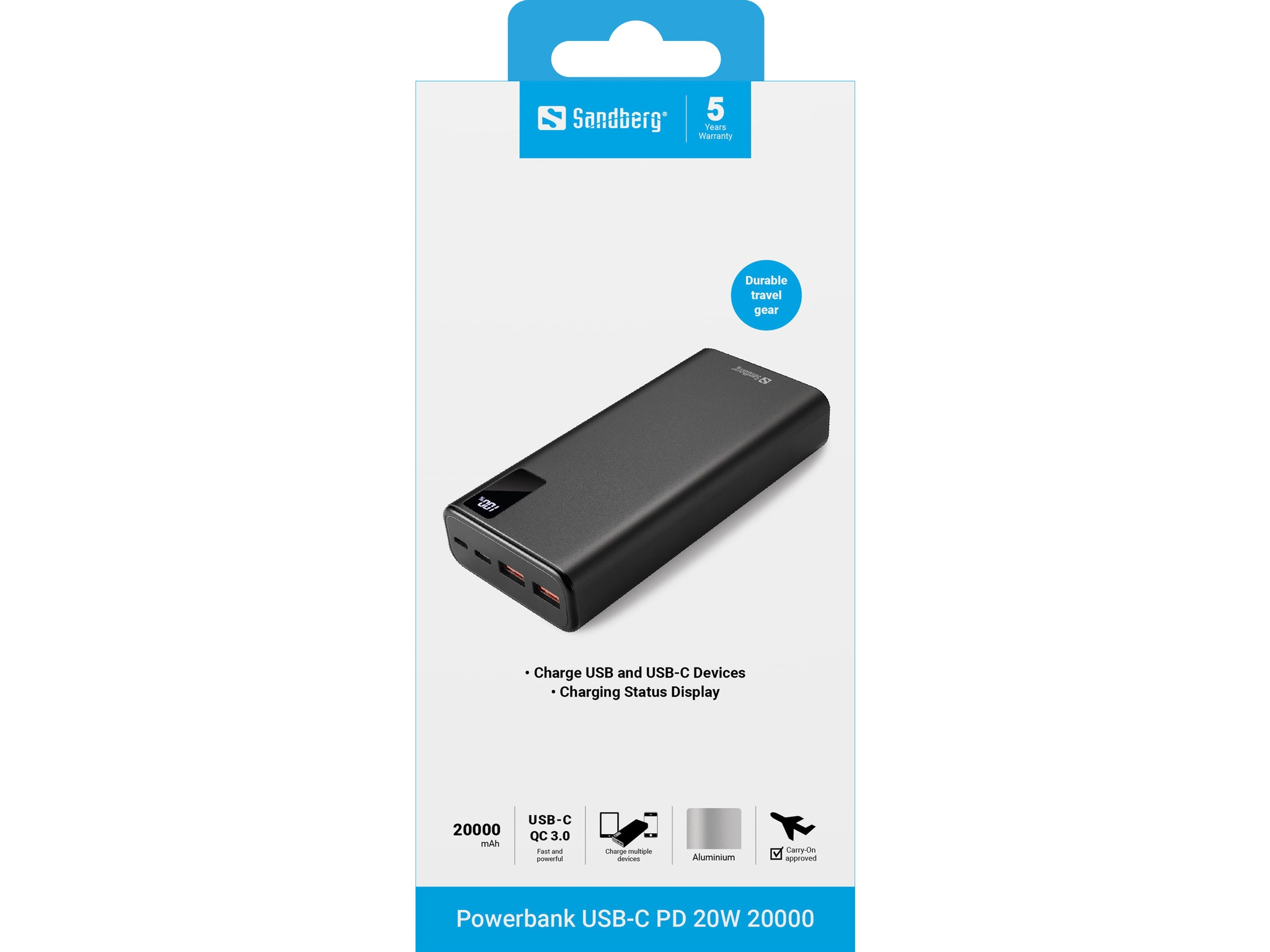 SANDBERG Powerbank - 20000 mAh - 74 Wh - 20 Watt - 3 A - PD, QC 3.0 - 3 Ausgabeanschlussstellen (2 x USB, 24 pin USB-C), Ansicht 3