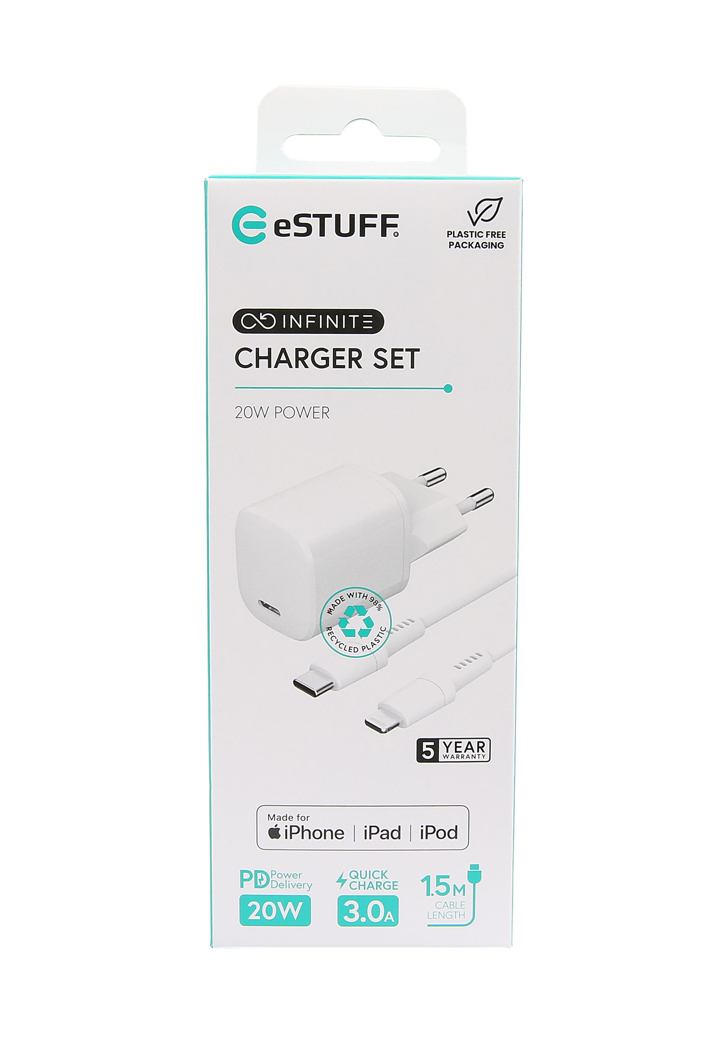 eSTUFF INFINITE - Netzteil - EU-Stecker, Kabel USB-C auf USB-C, 1,5 m - 20 Watt - 3 A - PD (24 pin USB-C), Ansicht 2