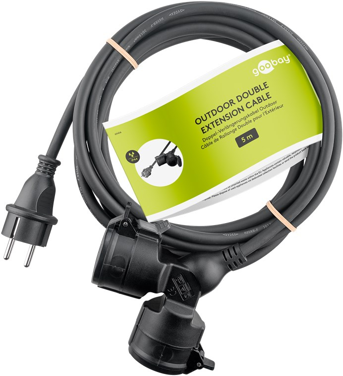 Goobay Doppel-Verlängerungskabel Outdoor 5 m schwarz - Schutzkontaktstecker Hybrid Typ - Kabel - Verlängerungskabel, Ansicht 3