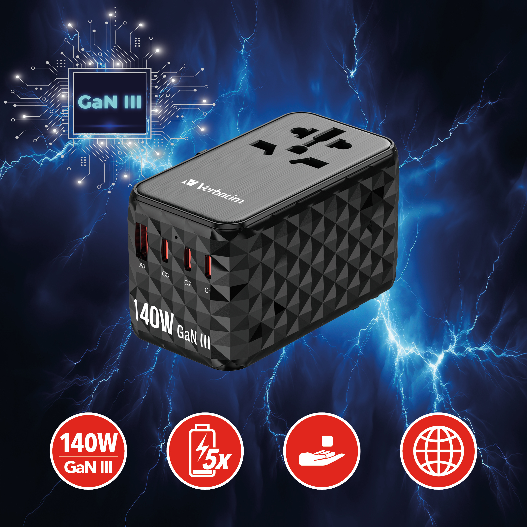 Verbatim UTA-10 - Netzteil - GaN III, Universal - 140 Watt - 10 A - Apple Fast Charge, Fast Charge, PD 3.0, QC 3.0, Ansicht 2