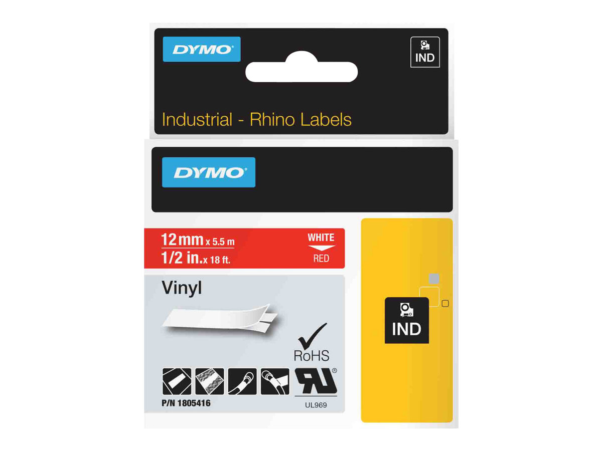 Dymo Rhino - Vinyl - permanenter Klebstoff - Weiß auf Rot - Rolle (1,2 cm x 5,5 m), Ansicht 3