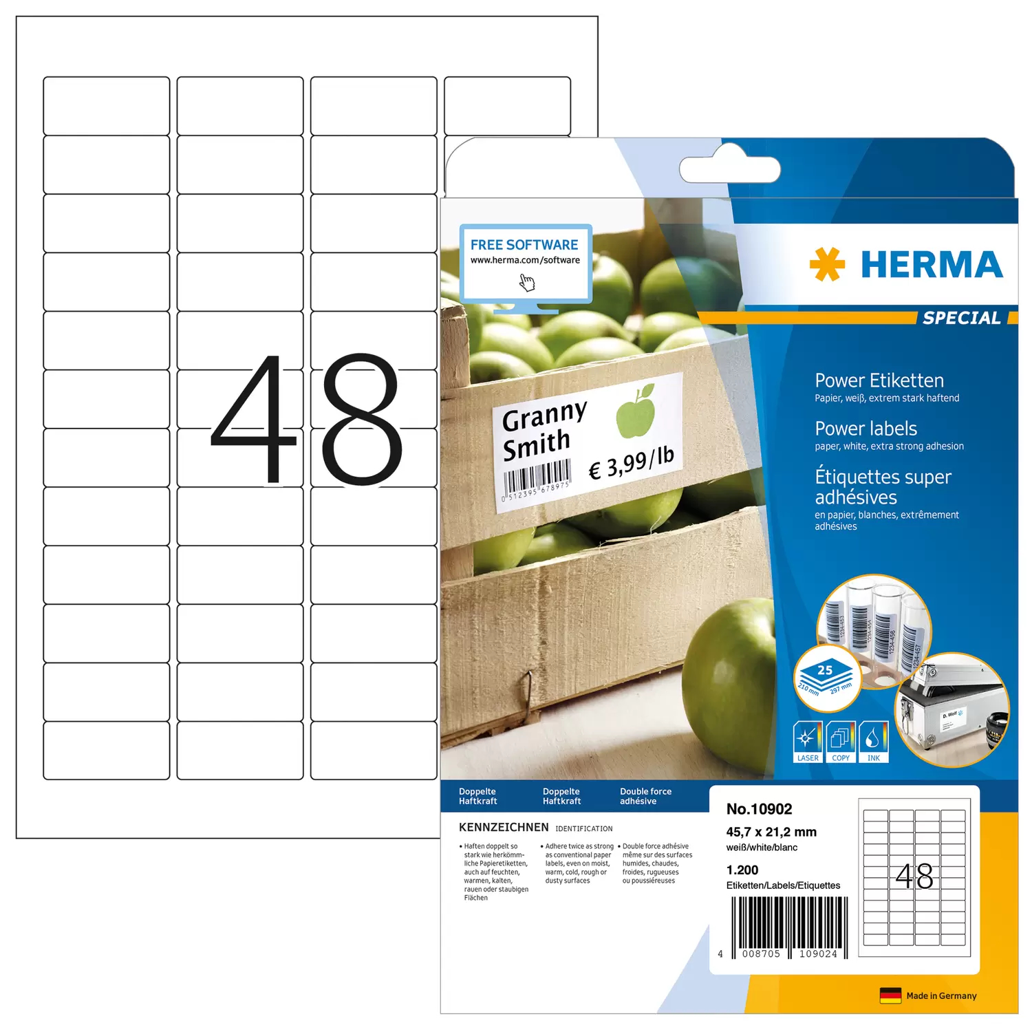 HERMA Special - Papier - matt - extra stark selbstklebend - weiß - 45.7 x 21.2 mm 1200 Etikett(en) (25 Bogen x 48), Ansicht 4