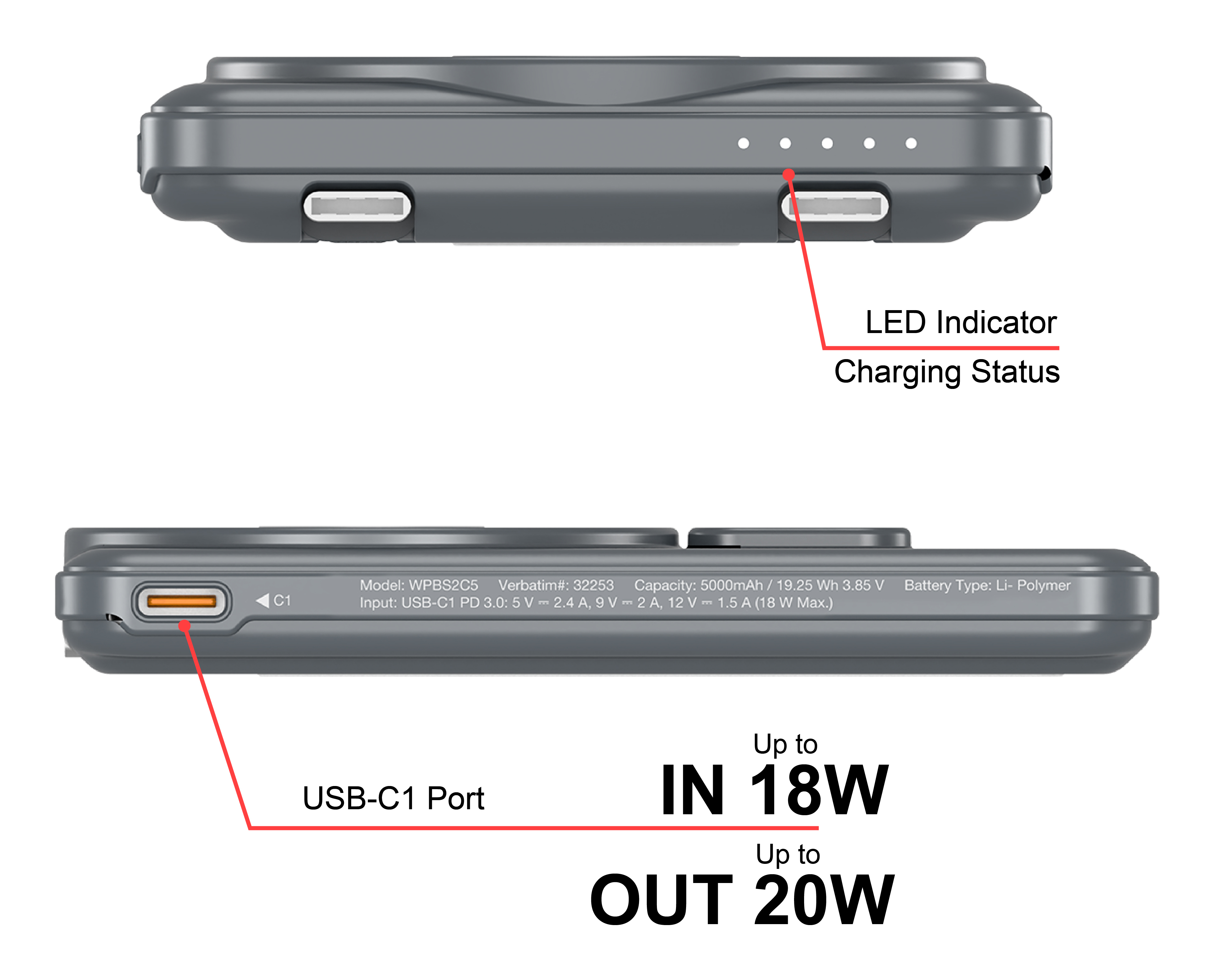 Verbatim Charge´n´ Go 2 USB-C cables 5000 Power Bank Grey, Ansicht 3