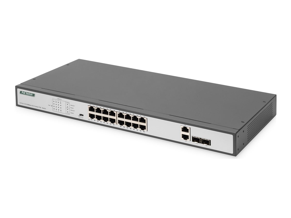 DIGITUS 16-Port Fast Ethernet PoE Netzwerkswitch, 19 Zoll, unmanaged, 2 Uplink Ports, SFP, 250 W, af/at