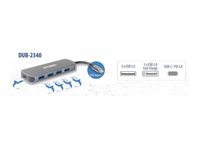 D-Link DUB-2340 - Hub - 4 x SuperSpeed USB 3.0 + 1 x USB-C (Spannungsversorgung), Ansicht 4
