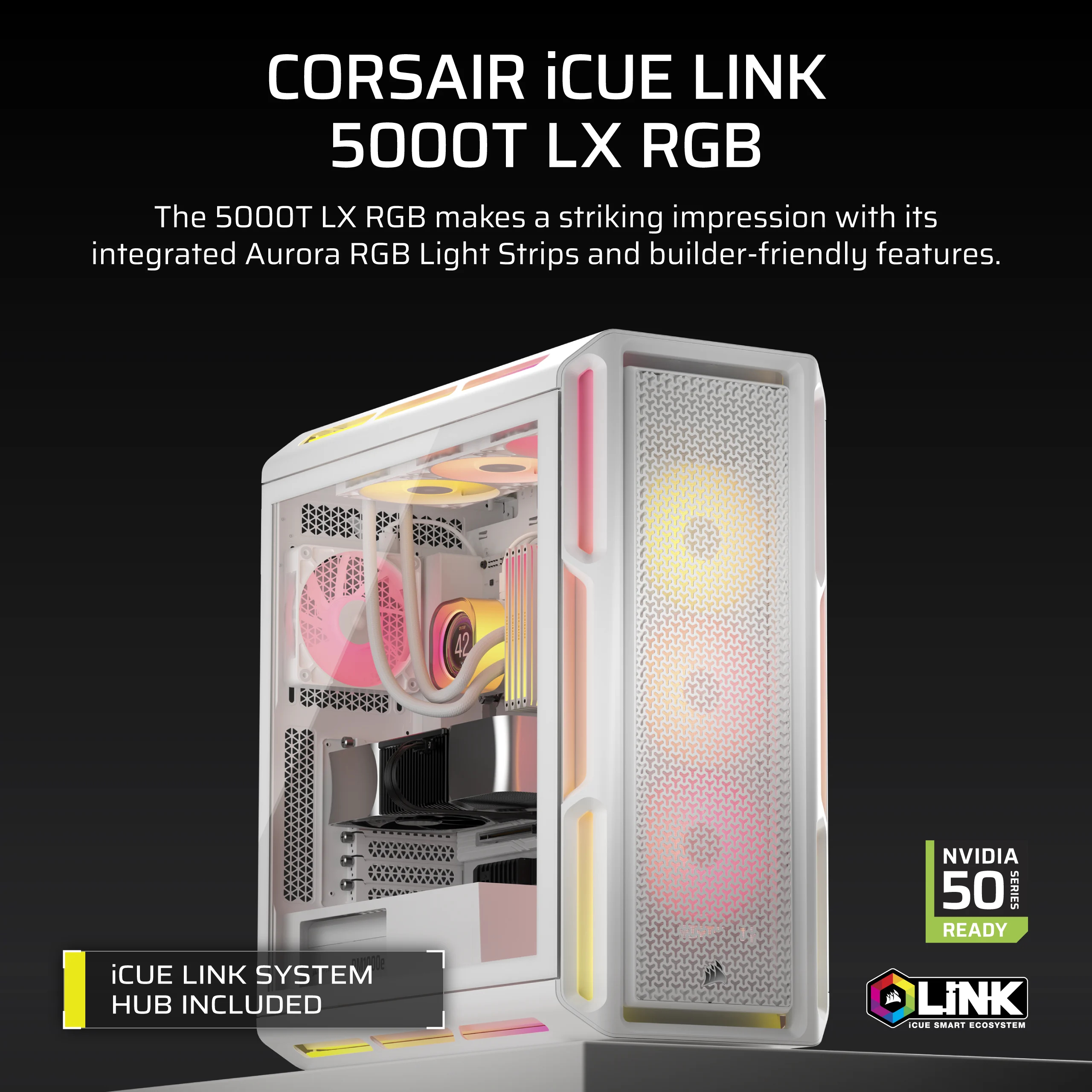 Corsair iCUE LINK 5000T LX RGB - Mid tower Gaming - E-ATX - Seitenteil mit Fenster (gehärtetes Glas) - Weiß, Ansicht 2