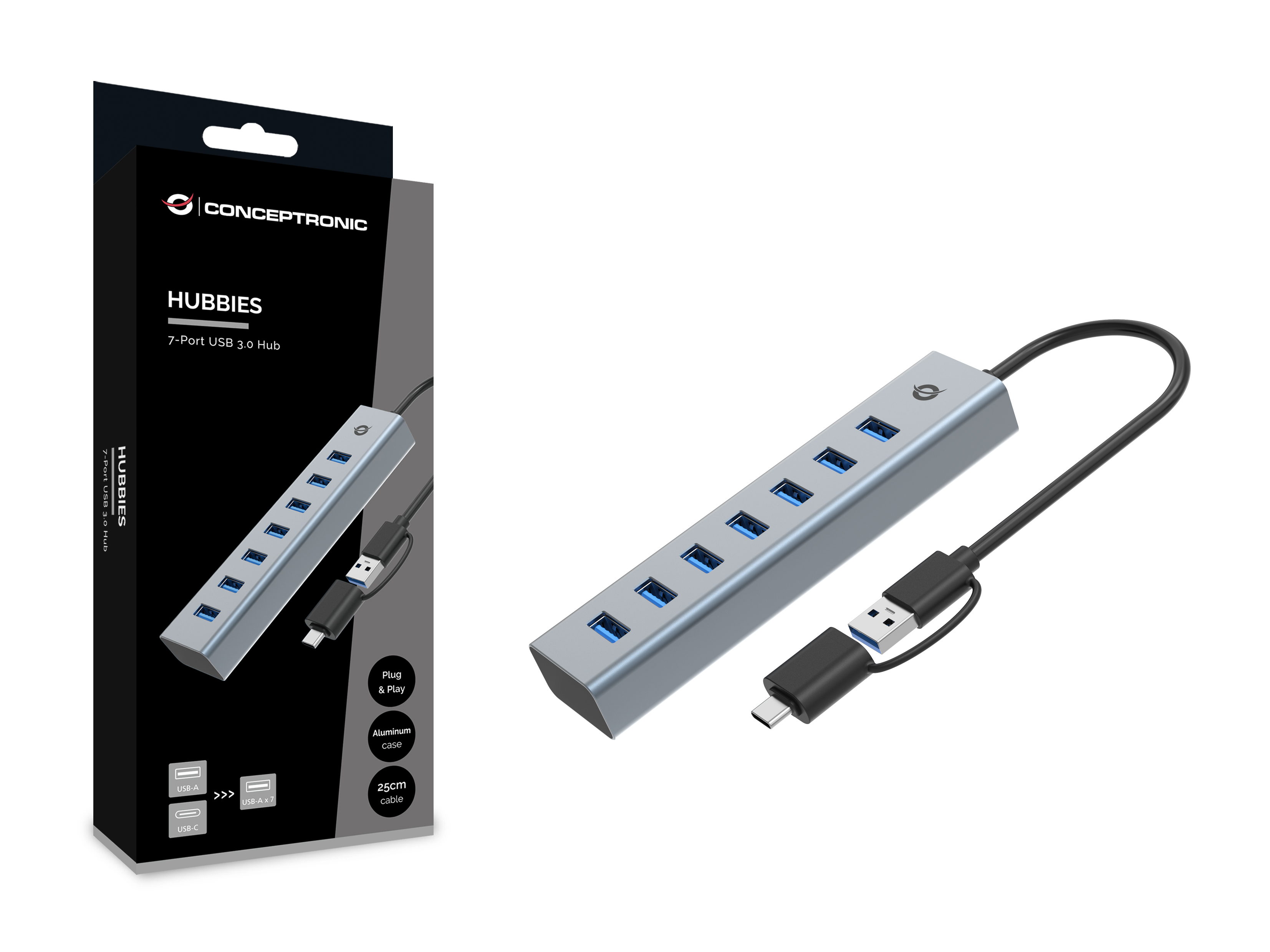 Conceptronic USB-Hub 7-Port 3.0/C->7x3.0+TypC 5Gbps o.Nz gr, Ansicht 3