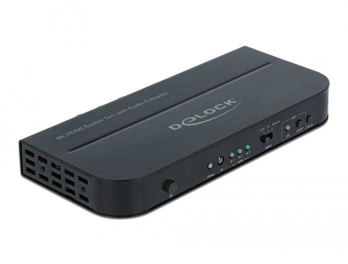 Delock HDMI Switch 3 x HDMI in zu 1 x HDMI out 4K 60 Hz mit Audio Extraktor, HDMI, Metall, Schwarz, 60 Hz, 18 Gbit/s, 600 MHz