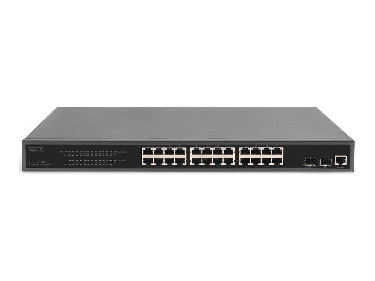 DIGITUS 24-Port Gigabit PoE Netzwerkswitch,19 Zoll, L2 managed, 2 Uplink Ports, SFP, 430 W, af/at