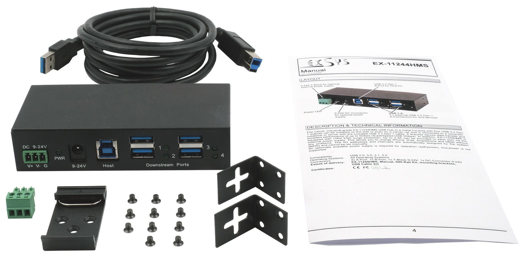Exsys GmbH 4-Port USB 3.2 Gen 1 Metall HUB DIN-Rail 15KV ESD Schutz Tiveco, Ansicht 4