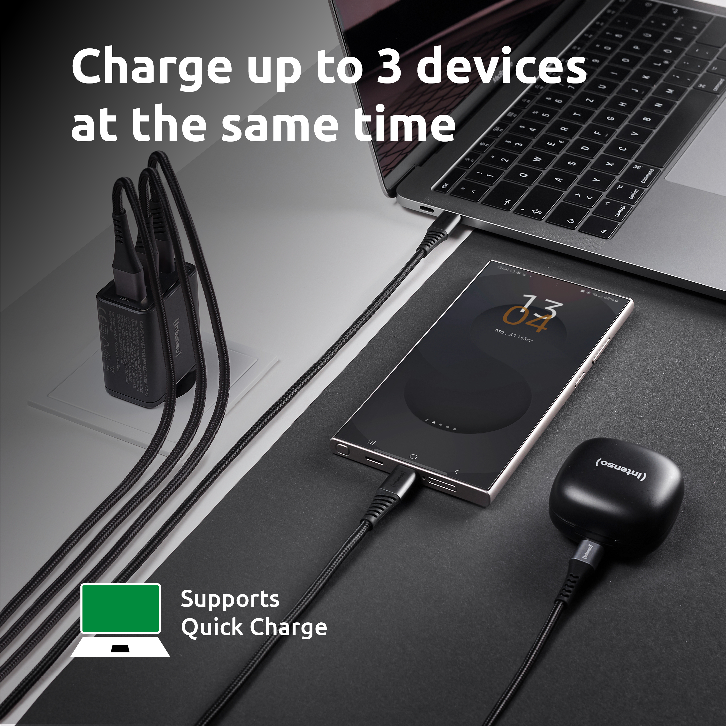 Intenso W65ACC GaN schwarz USB Ladegerät 65 W 1x USB-A 2x USB-C Schwarz, Ansicht 2