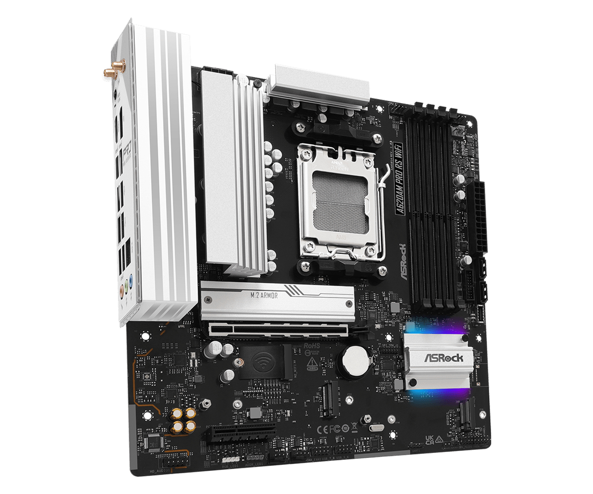 ASRock A620AM PRO RS WIFI - Motherboard - micro ATX - Socket AM5 - AMD A620A Chipsatz - 2.5 GB LAN, Wi-Fi, Bluetooth, Ansicht 3