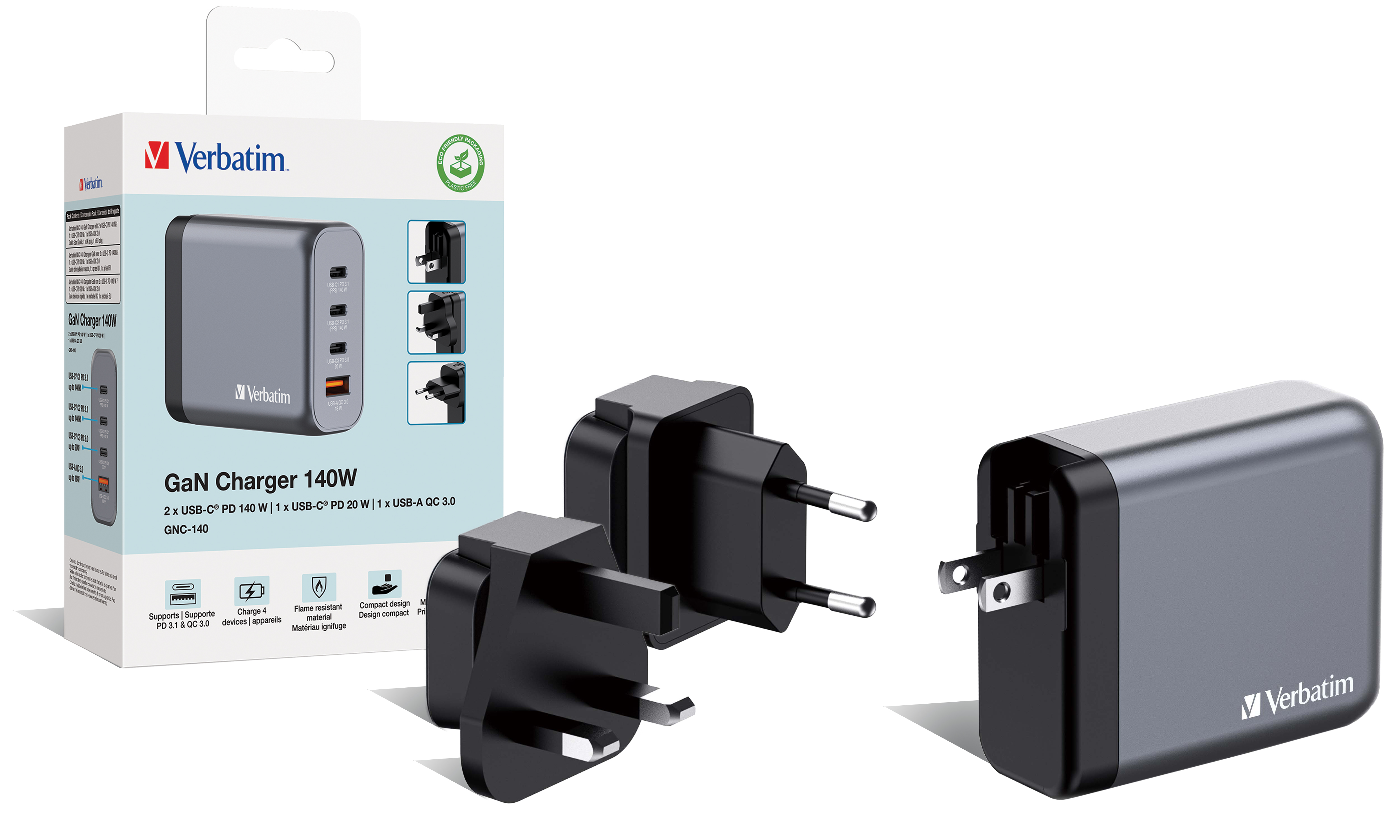 Verbatim Netzteil - GaN - 140 Watt - 5 A - PD 3.0, QC 3.0, Power Delivery 3.1, PD/PPS - 4 Ausgabeanschlussstellen, Ansicht 2