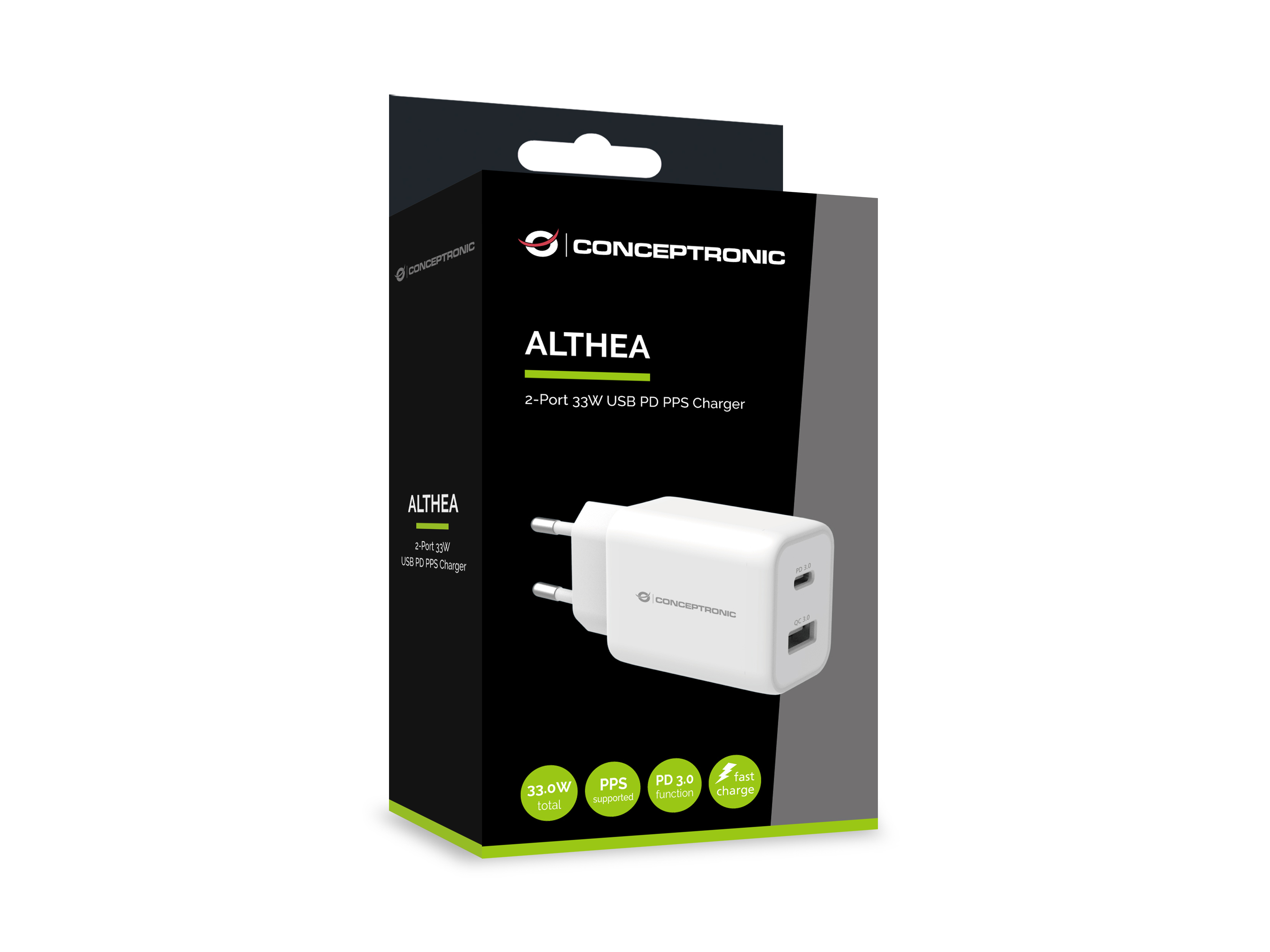 Conceptronic ALTHEA 2-Port 33W USB PD-PPS-Ladegerät - QC 3.0 - Drinnen - AC - 3,3 V - Weiß, Ansicht 2
