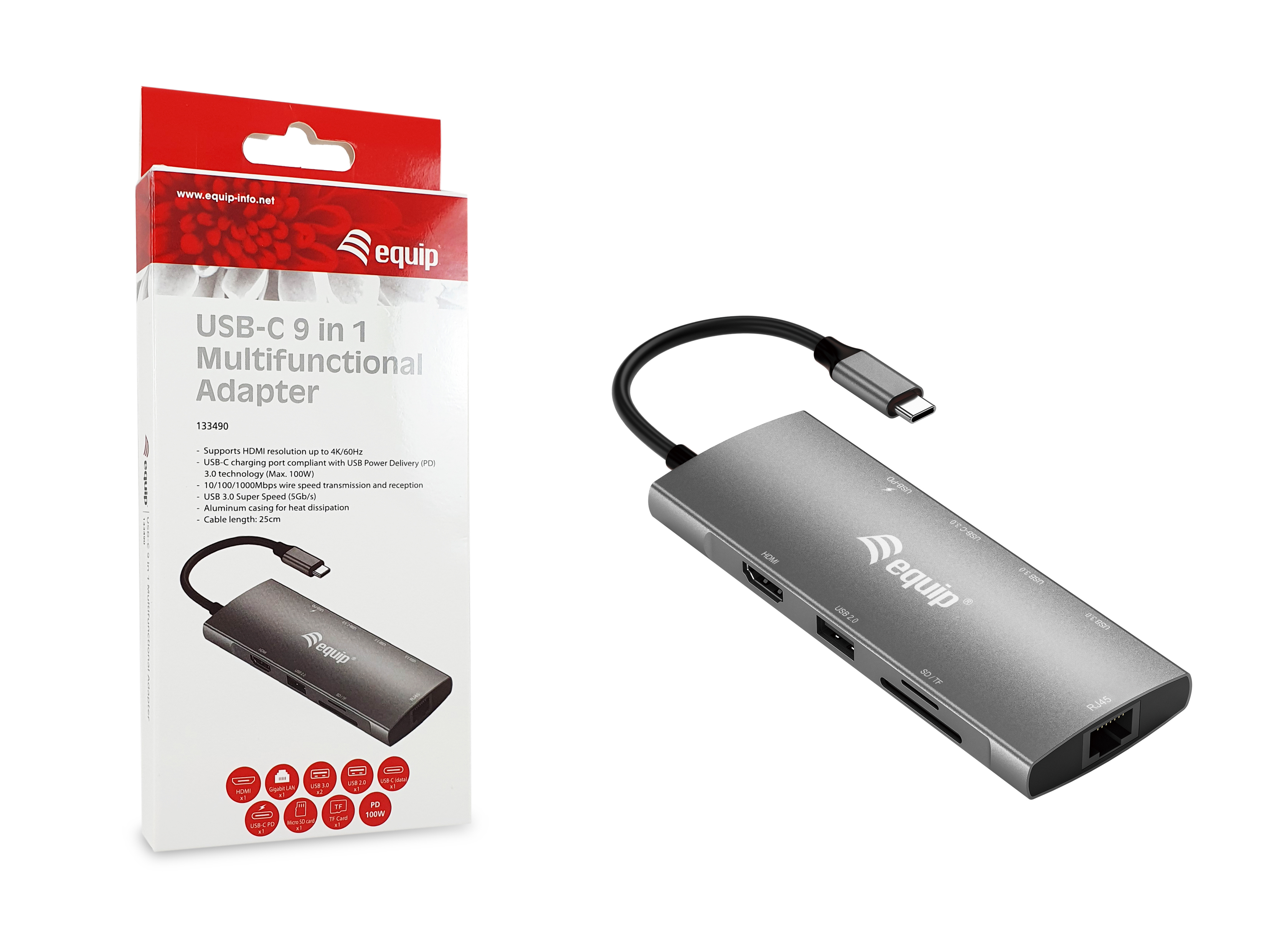 Equip Dock USB-C->HDMI Gigabit LAN USB3.0.100WPD SD/TF 0.25m, Ansicht 3