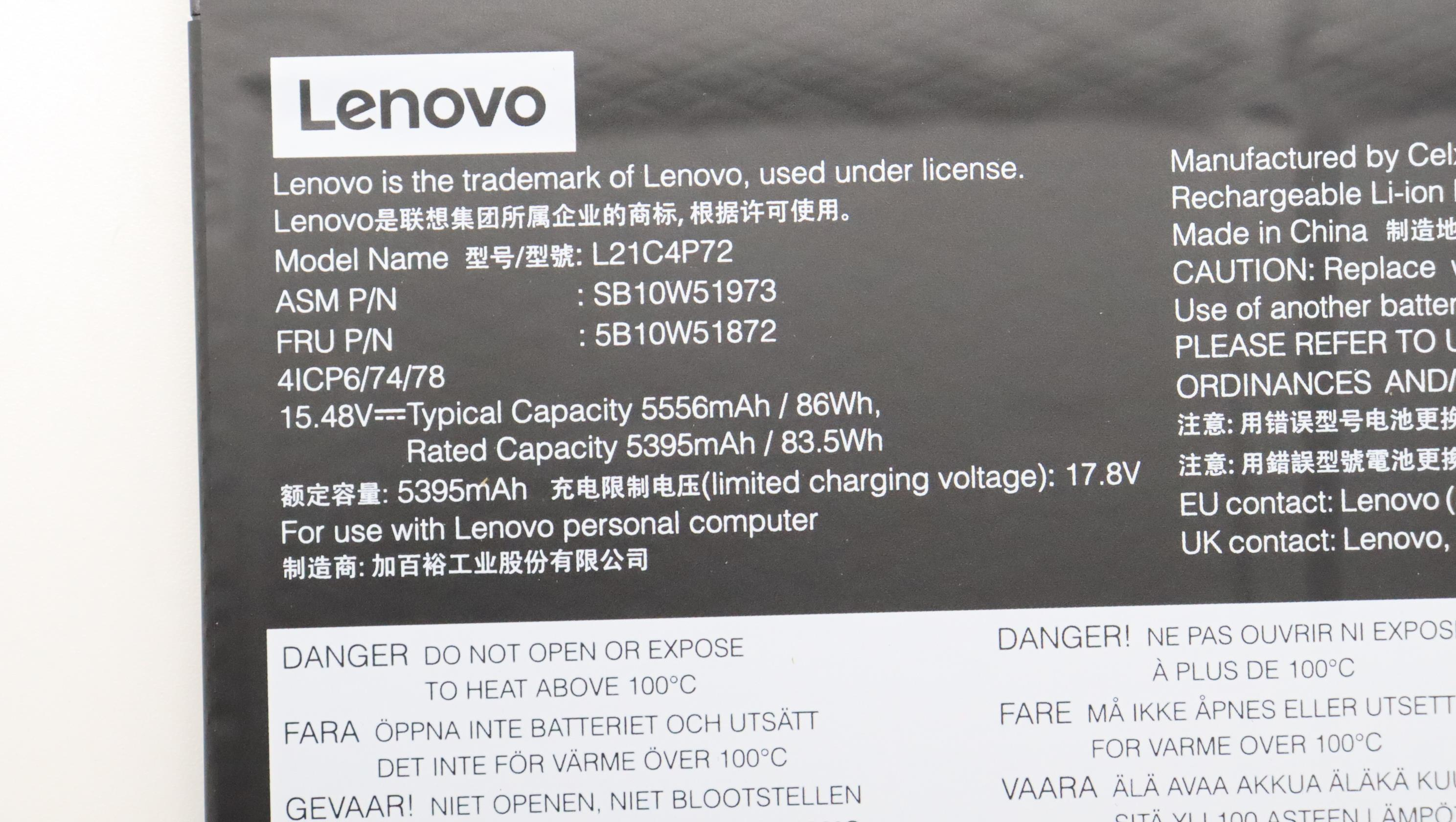 Lenovo battery Internal 4c 86Wh 5B10W51872 - Batterie - 86 mAh, Ansicht 4
