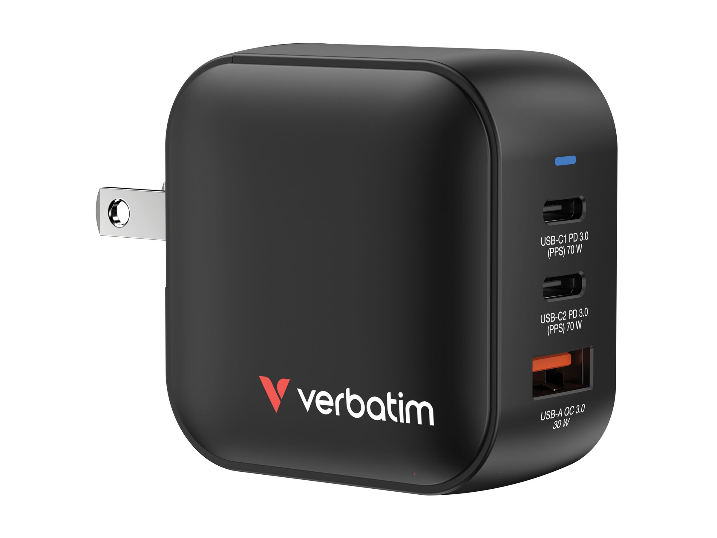 Verbatim Netzteil - GaN - 70 Watt - 5 A - PD 3.0, PD/PPS, QC 4.0 - 3 Ausgabeanschlussstellen (2 x USB-C, USB), Ansicht 3