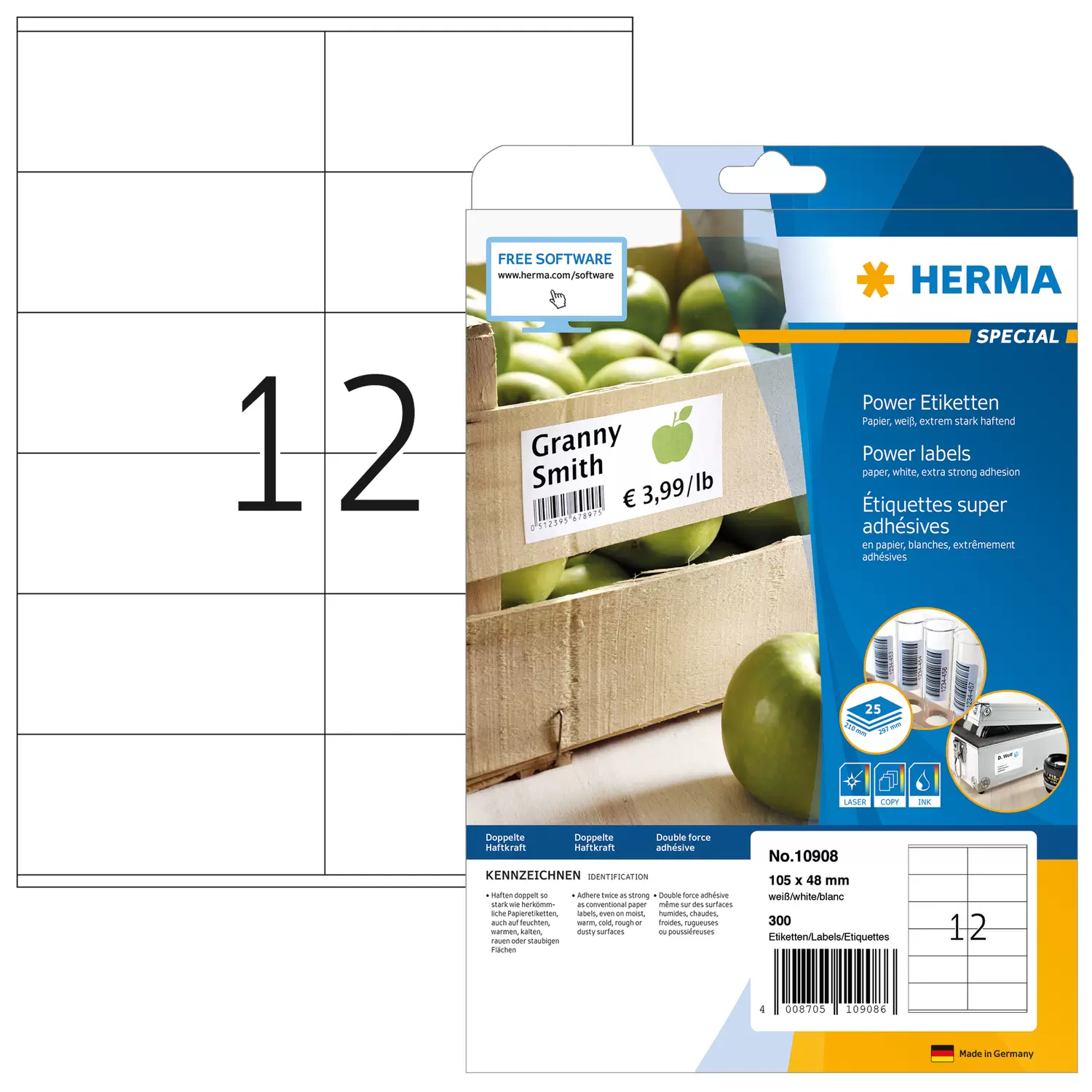 HERMA Special - Papier - matt - extra stark selbstklebend - weiß - 105 x 48 mm 300 Etikett(en) (25 Bogen x 12), Ansicht 4