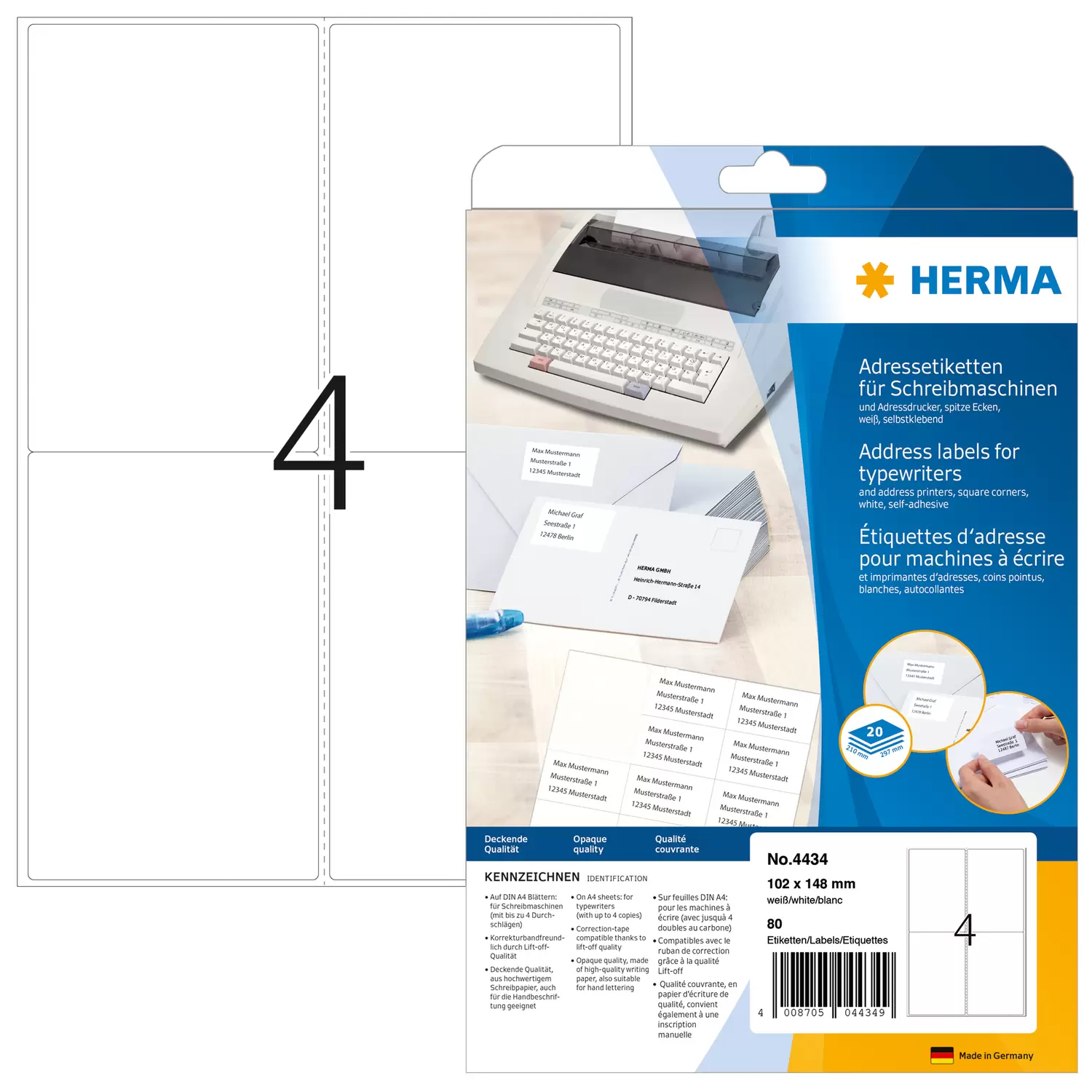 HERMA Selbstklebend - weiß - 102 x 148 mm 80 Etikett(en) (20 Bogen x 4), Ansicht 2