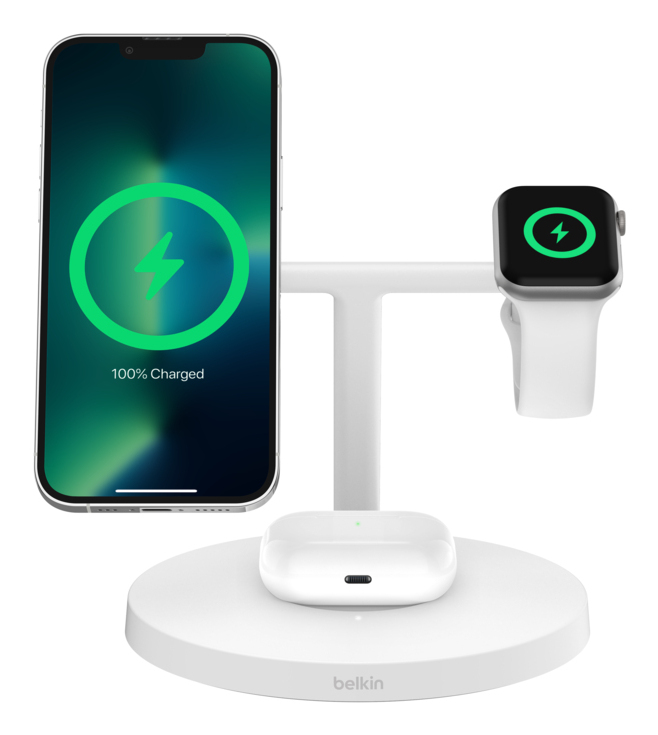 Belkin BoostCharge Pro kabellose 3-in-1-Ladestation mit Qi2 (15W) weiß, Ansicht 4