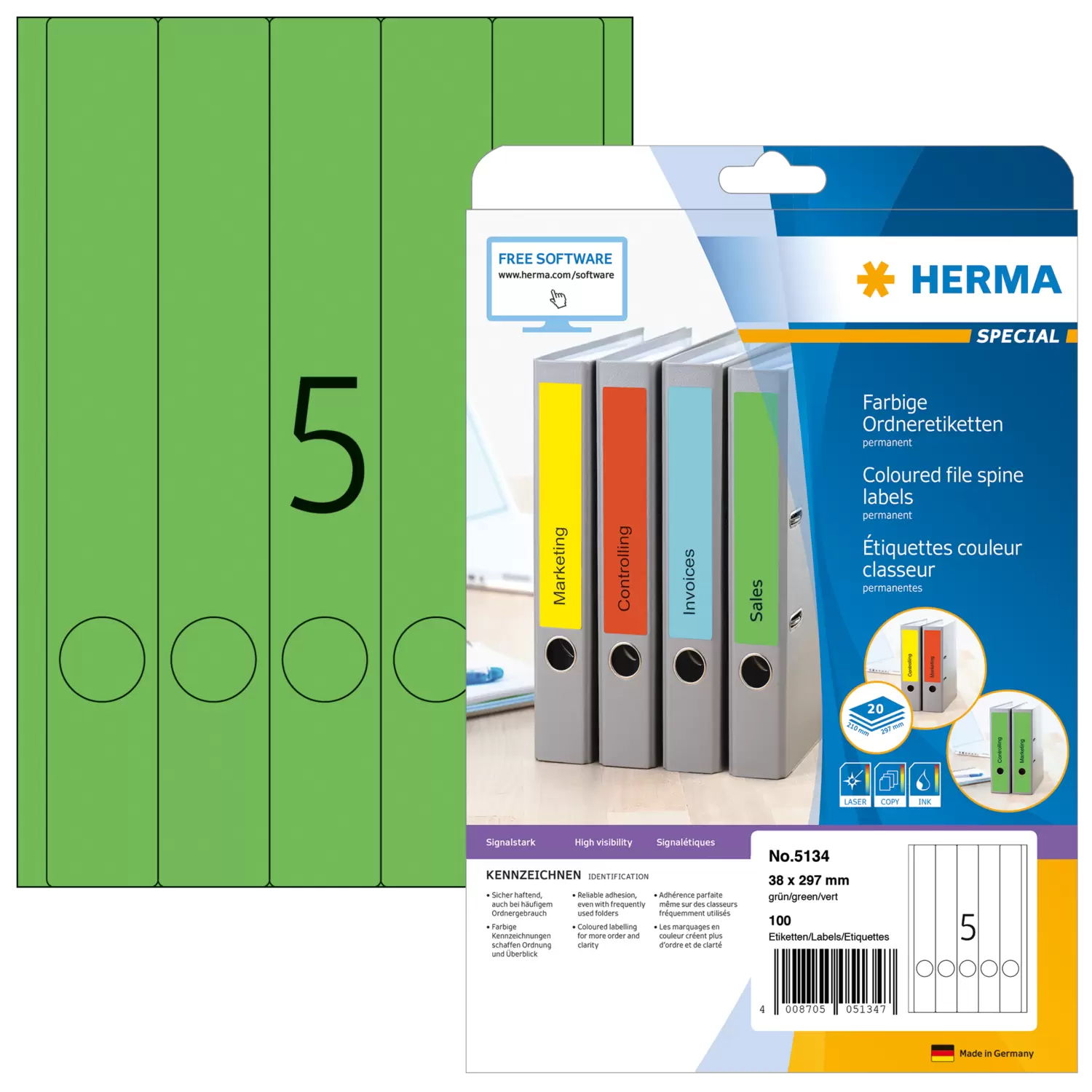 HERMA Special - Papier - matt - permanent selbstklebend - grün - 38 x 297 mm 100 Etikett(en) (20 Bogen x 5), Ansicht 4