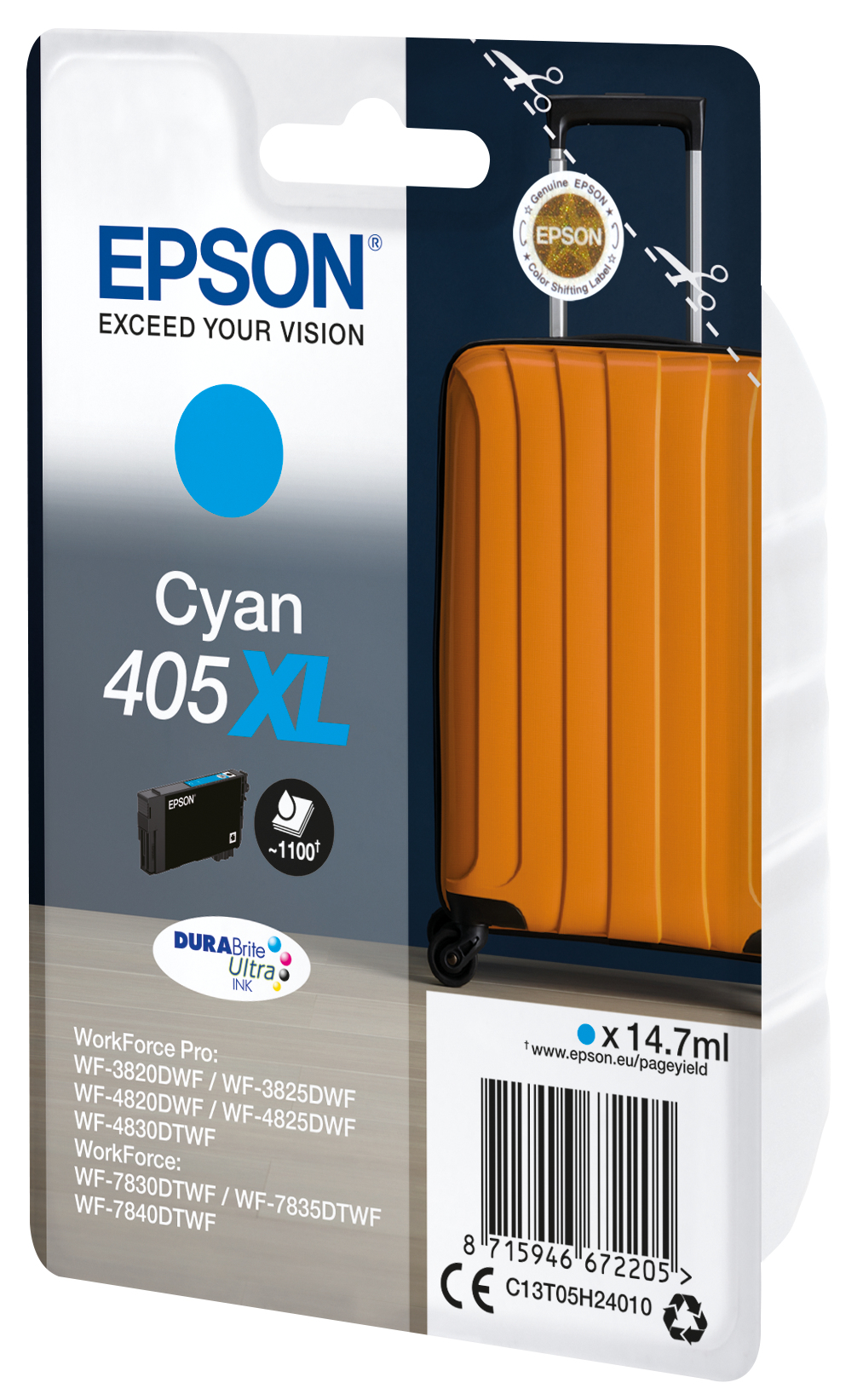 Epson Singlepack Cyan 405XL DURABrite Ultra Ink, Hohe (XL-) Ausbeute, 14,7 ml, 1 Stück(e), Einzelpackung