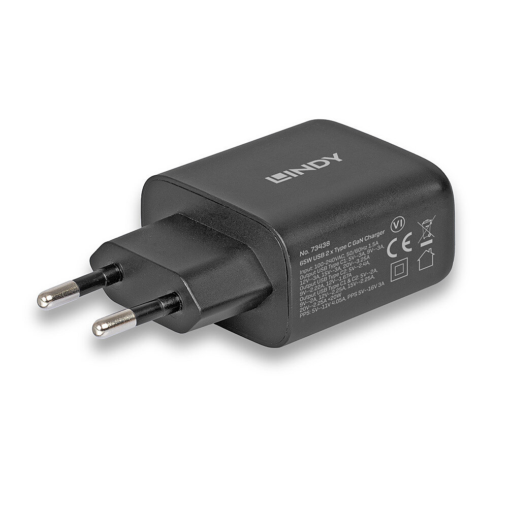 Lindy Netzteil - 65 Watt - 4.05 A - Power Delivery 3.0 + PPS, QC 4.0 - 2 Ausgabeanschlussstellen (24 pin USB-C), Ansicht 3