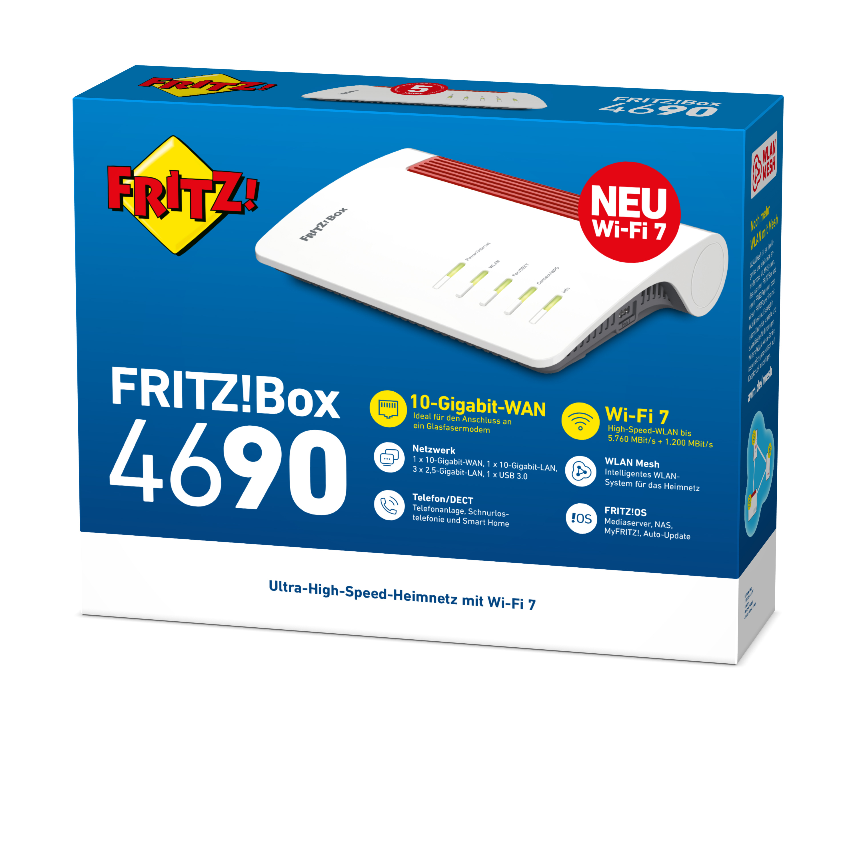 AVM FRITZ!Box 4690, Wi-Fi 7 (802.11be), Dual-Band (2,4 GHz/5 GHz), Ethernet/LAN, Rot, Weiß, Tabletop-Router, Ansicht 3