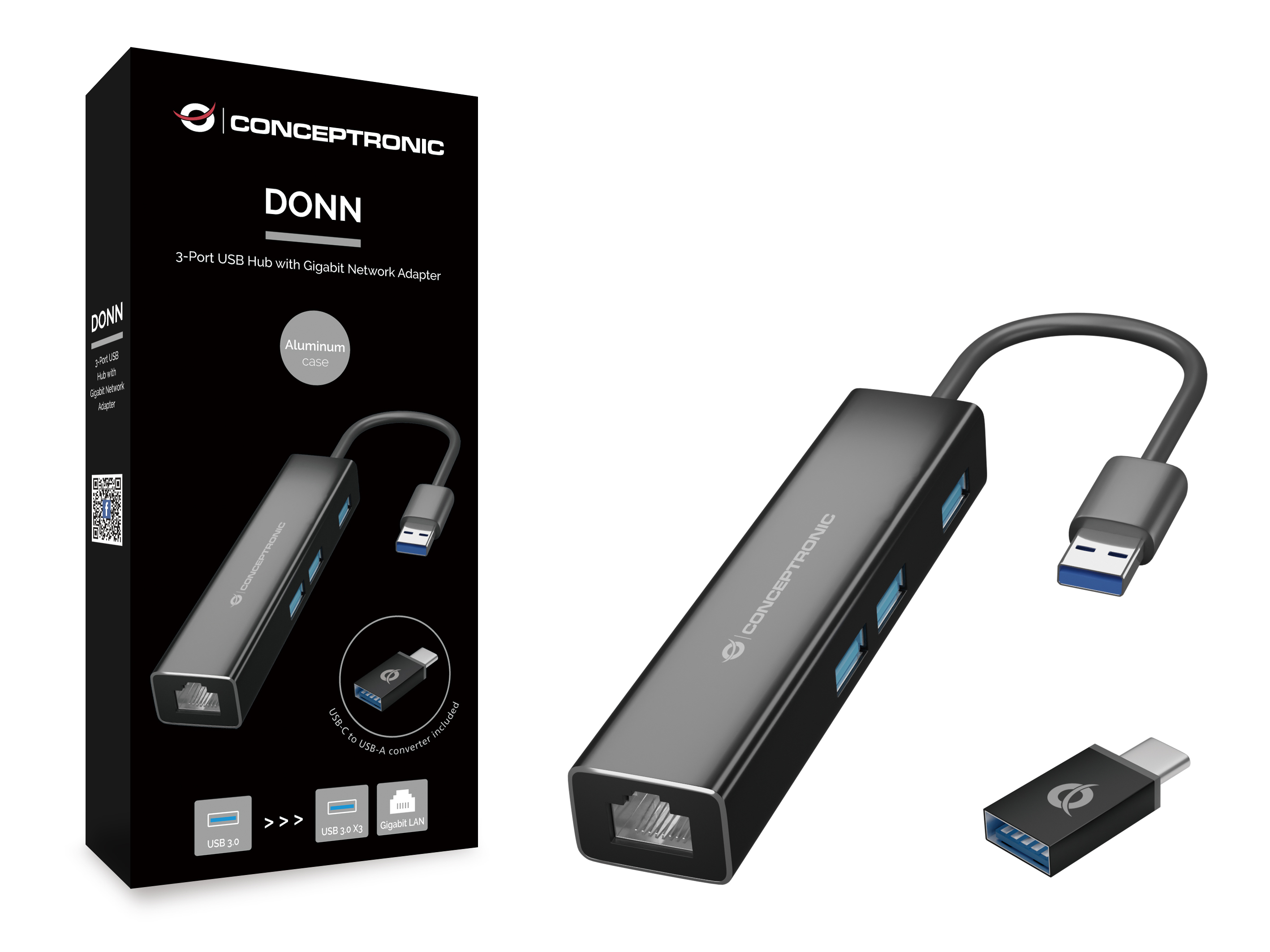 Conceptronic DONN07BA - Hub - 3 x SuperSpeed USB 3.0 + 1 x 10/100/1000, Ansicht 2