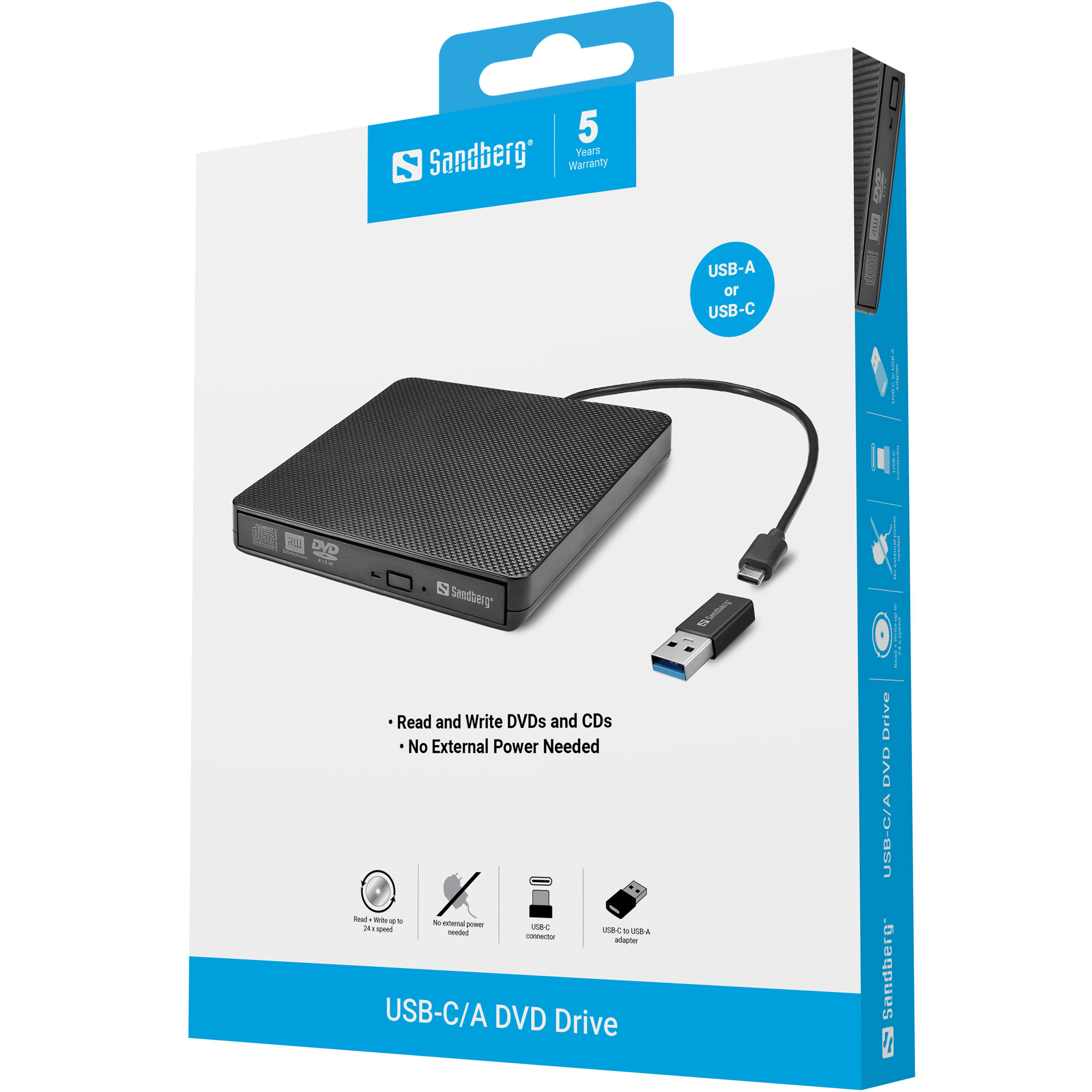 SANDBERG USB-C/A DVD Drive - DVD/CD-Laufwerk, Ansicht 2