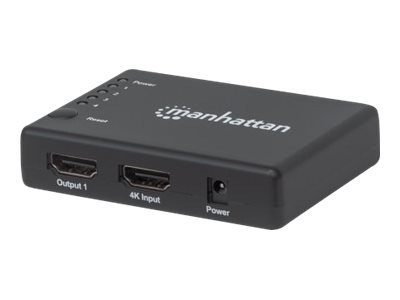 Manhattan HDMI Splitter 4-Port (Compact), 4K@30Hz, Displays output from x1 HDMI source to x4 HD displays (same output to four displays), AC Powered (cable 0.7m), Black, Three Year Warranty, Retail Box - Video-/Audio-Splitter - 4 x HDMI - Desktop