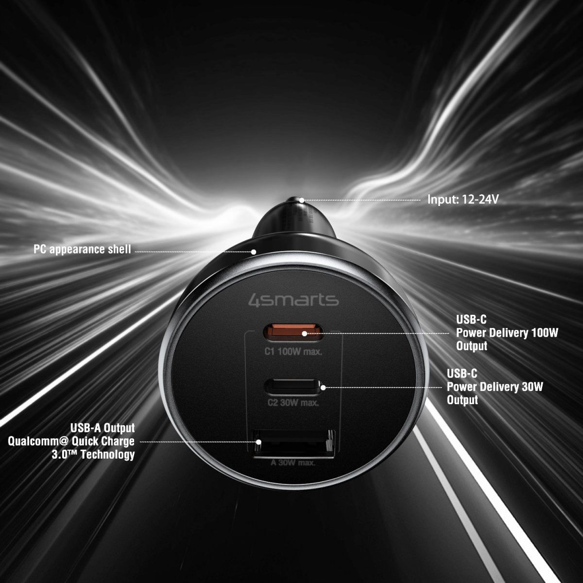 4smarts VoltRoad Ultimate - Auto-Netzteil - 160 Watt - 18 A - 3 Ausgabeanschlussstellen (USB, 2 x USB-C), Ansicht 4