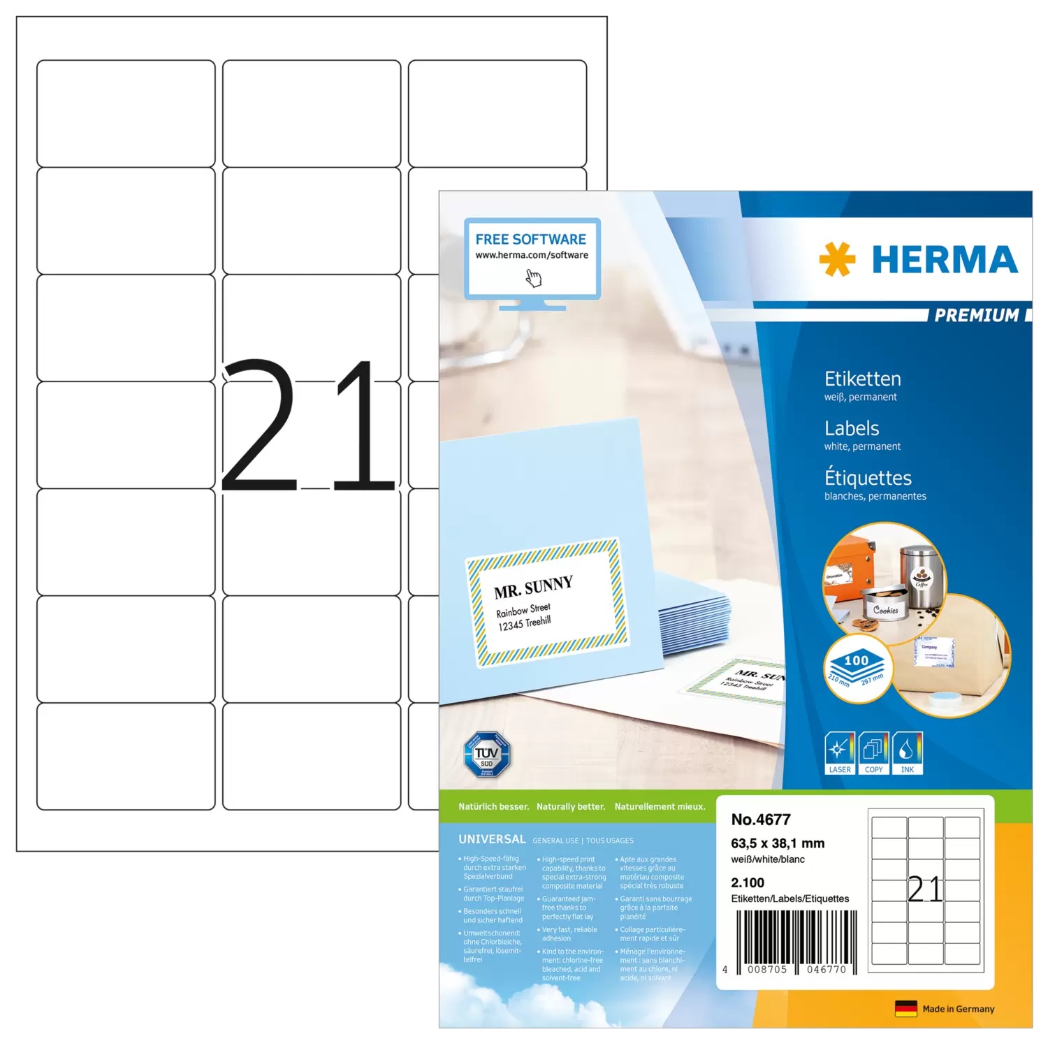 HERMA Premium - Papier - matt - permanent selbstklebend - weiß - 63.5 x 38.1 mm 2100 Etikett(en) (100 Bogen x 21), Ansicht 4