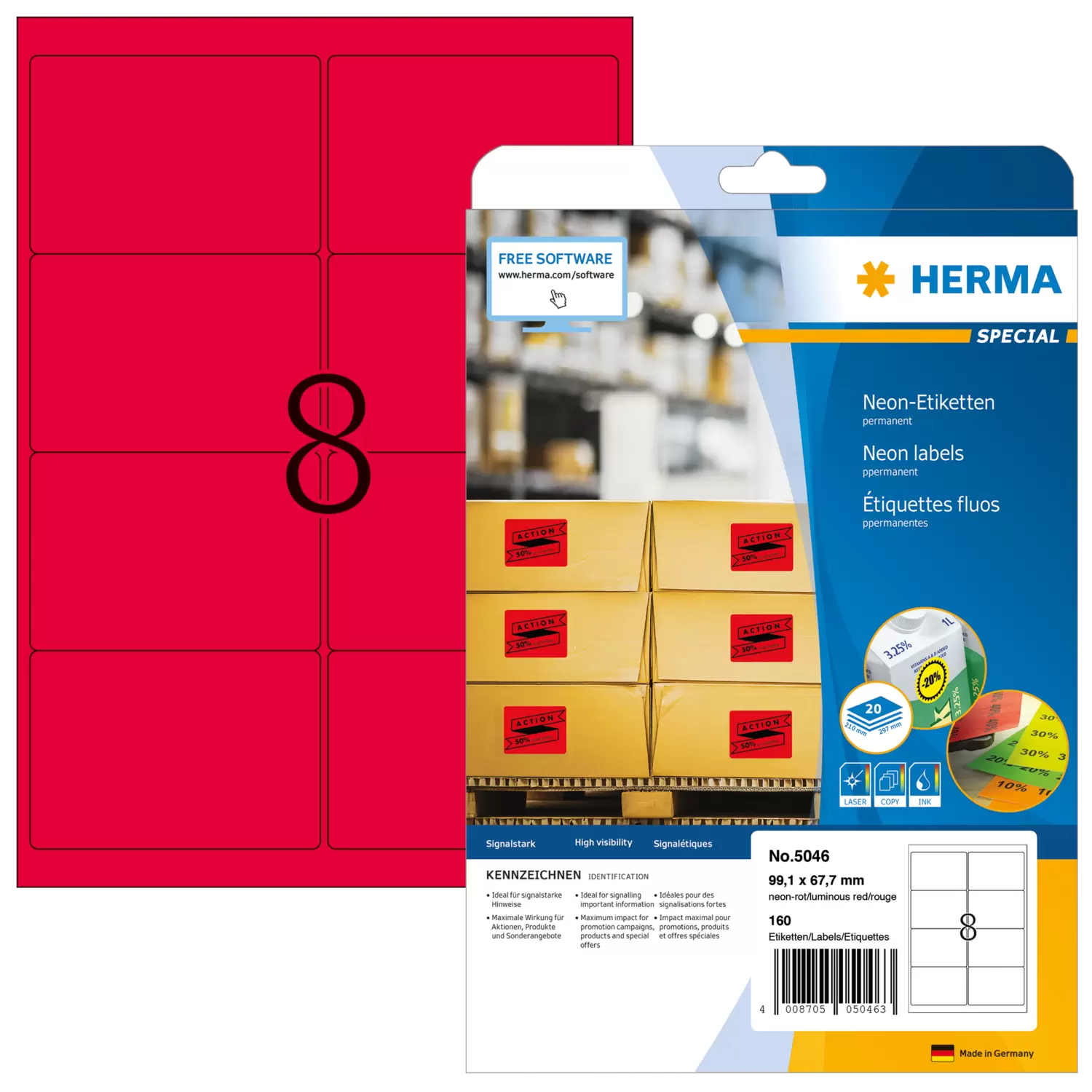 HERMA Special - Papier - matt - permanent selbstklebend - Luminous Red - 99.1 x 67.7 mm 160 Etikett(en) (20 Bogen x 8), Ansicht 4