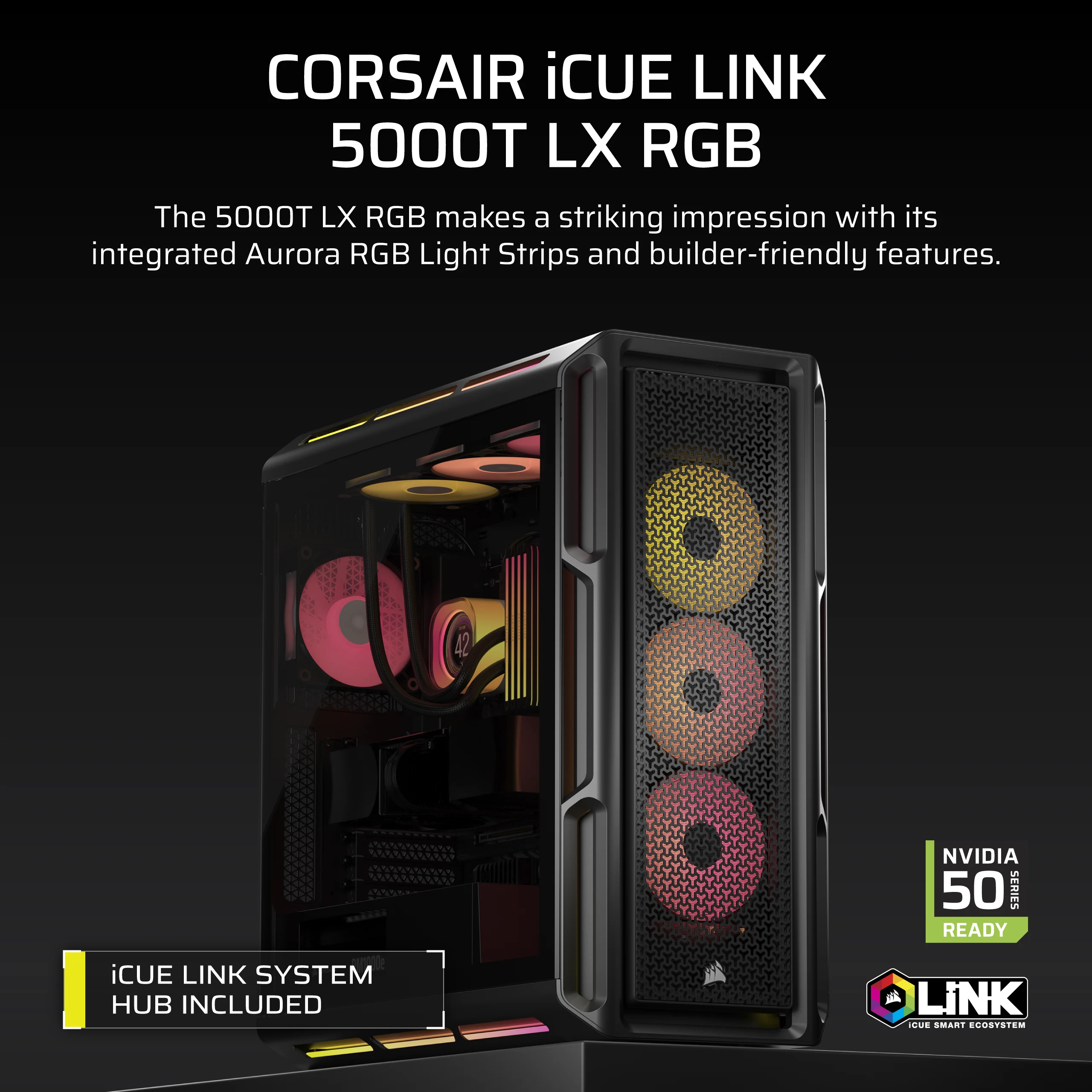 Corsair iCUE LINK 5000T LX RGB - Mid tower Gaming - E-ATX - Seitenteil mit Fenster (gehärtetes Glas) - Schwarz, Ansicht 2