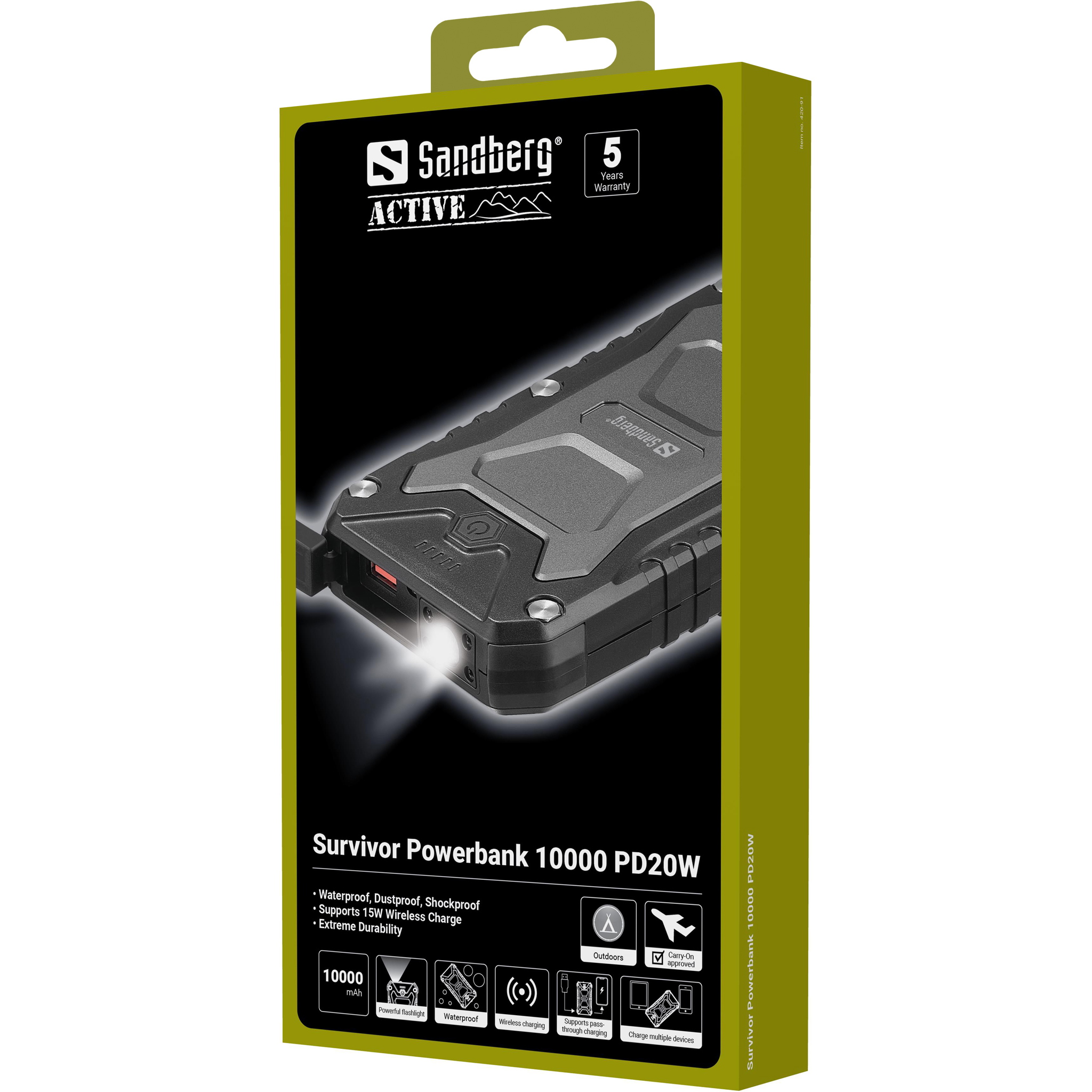 SANDBERG Active Survivor - Powerbank - 10000 mAh - 37 Wh - 22.5 Watt - 5 A - PD - 2 Ausgabeanschlussstellen, Ansicht 2