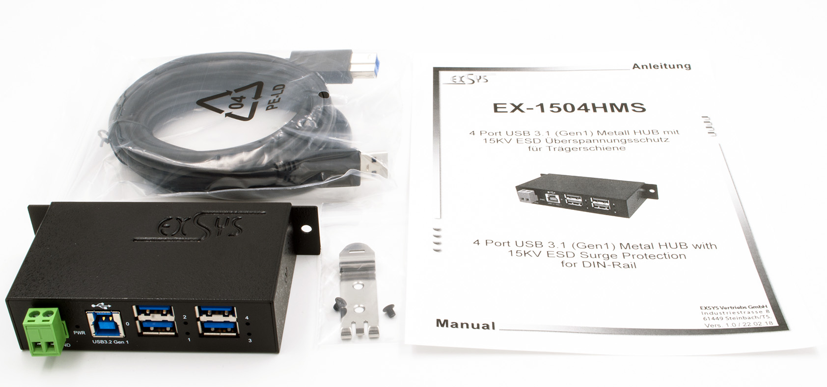 Exsys EX-1504HMS - USB 3.2 Gen 1 (3.1 Gen 1) Type-B - USB 3.2 Gen 1 (3.1 Gen 1) Type-A - 5000 Mbit/s - Schwarz - Metall, Ansicht 4