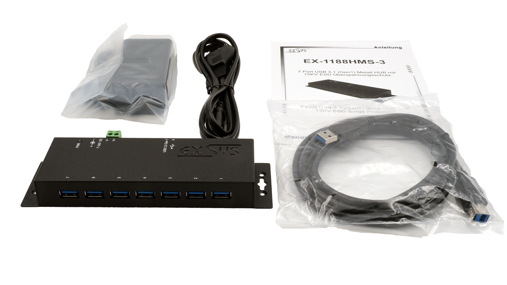 Exsys USB 3.2 HUB 7-Port extern inkl.Netz. inkl.Netzteil 12V/3A und, Ansicht 2