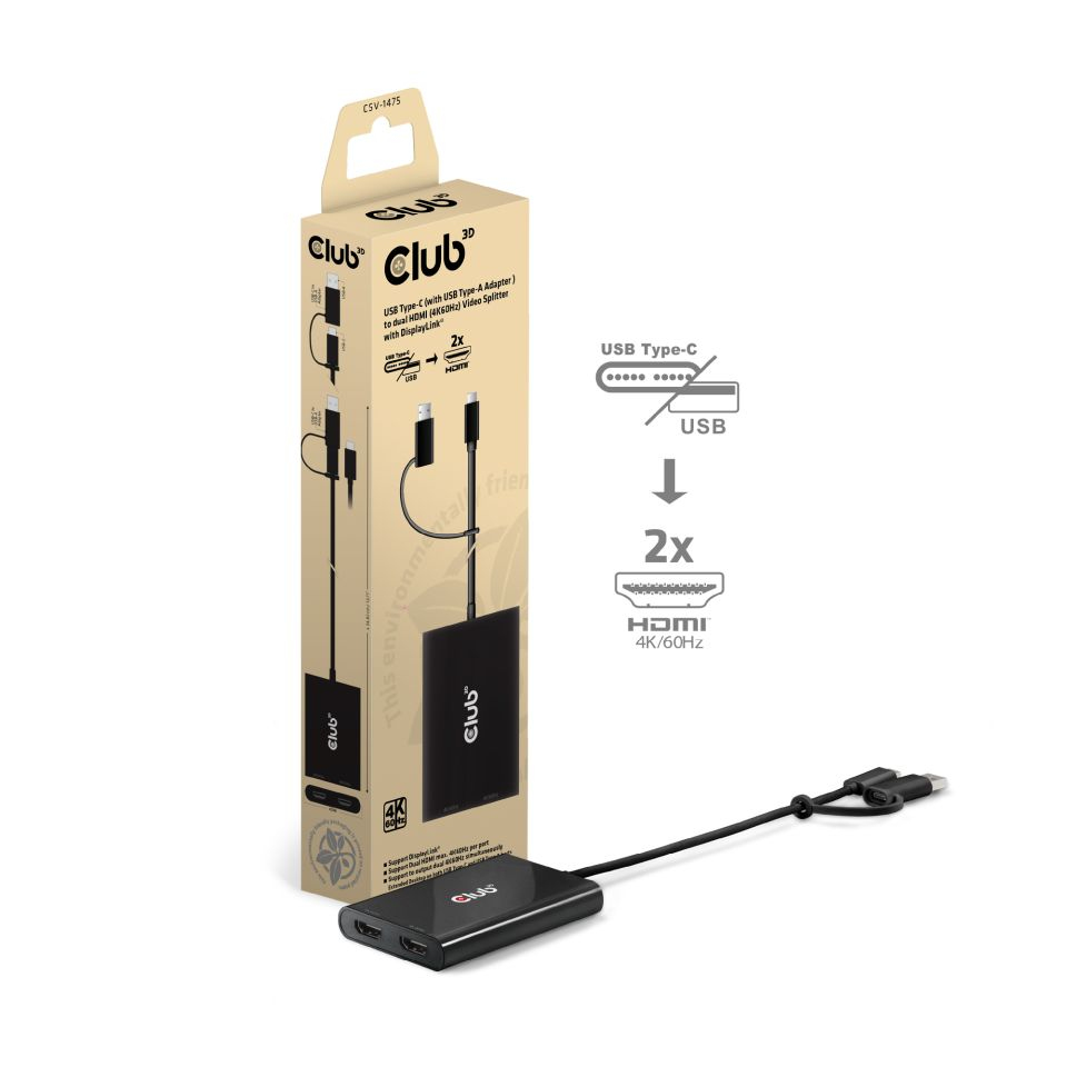 Club 3D Videoadapter - 24 pin USB-C, USB Typ A (M) - zu DisplayPort (W) - Support von 4K 60 Hz - CSV-1475, Ansicht 2