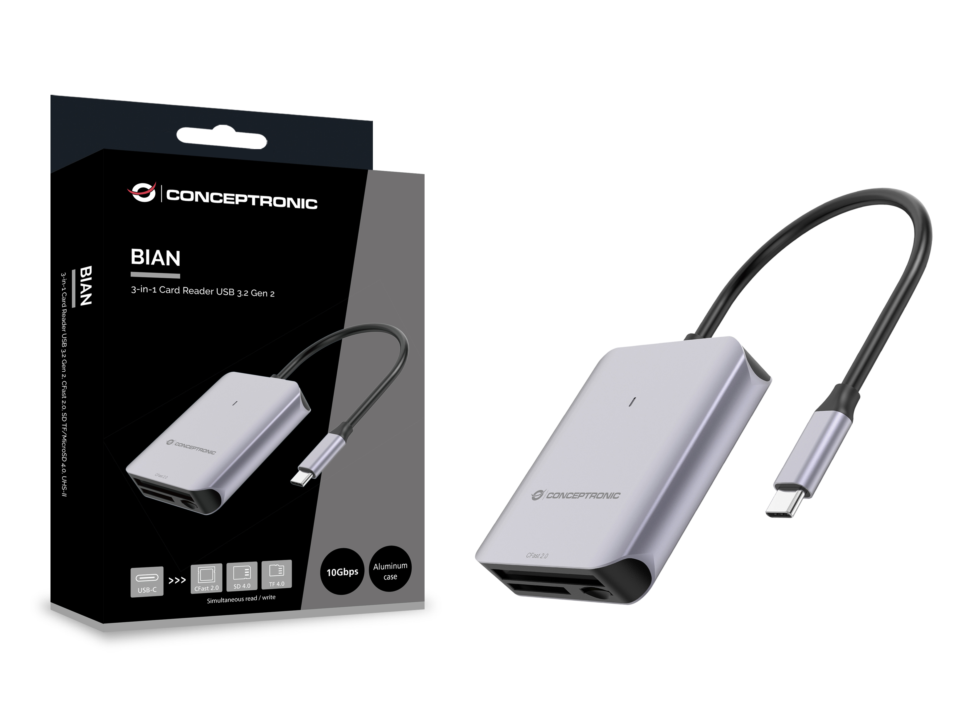 Conceptronic Card USB 3.2 Gen2 CFast SD/TF 4.0 UHS-II - Card-Reader - CompactFlash ATA Serial Transfer (CFast), Ansicht 4