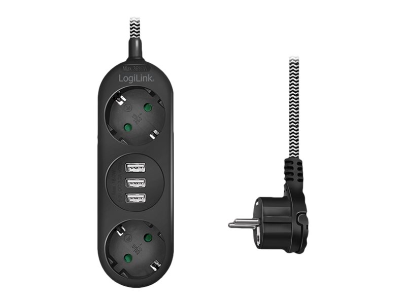 LogiLink Steckdosenleiste - Wechselstrom 250 V - 3680 Watt - Ausgangsanschlüsse: 2 (2 x CEE 7/3, 3 x USB Typ A)