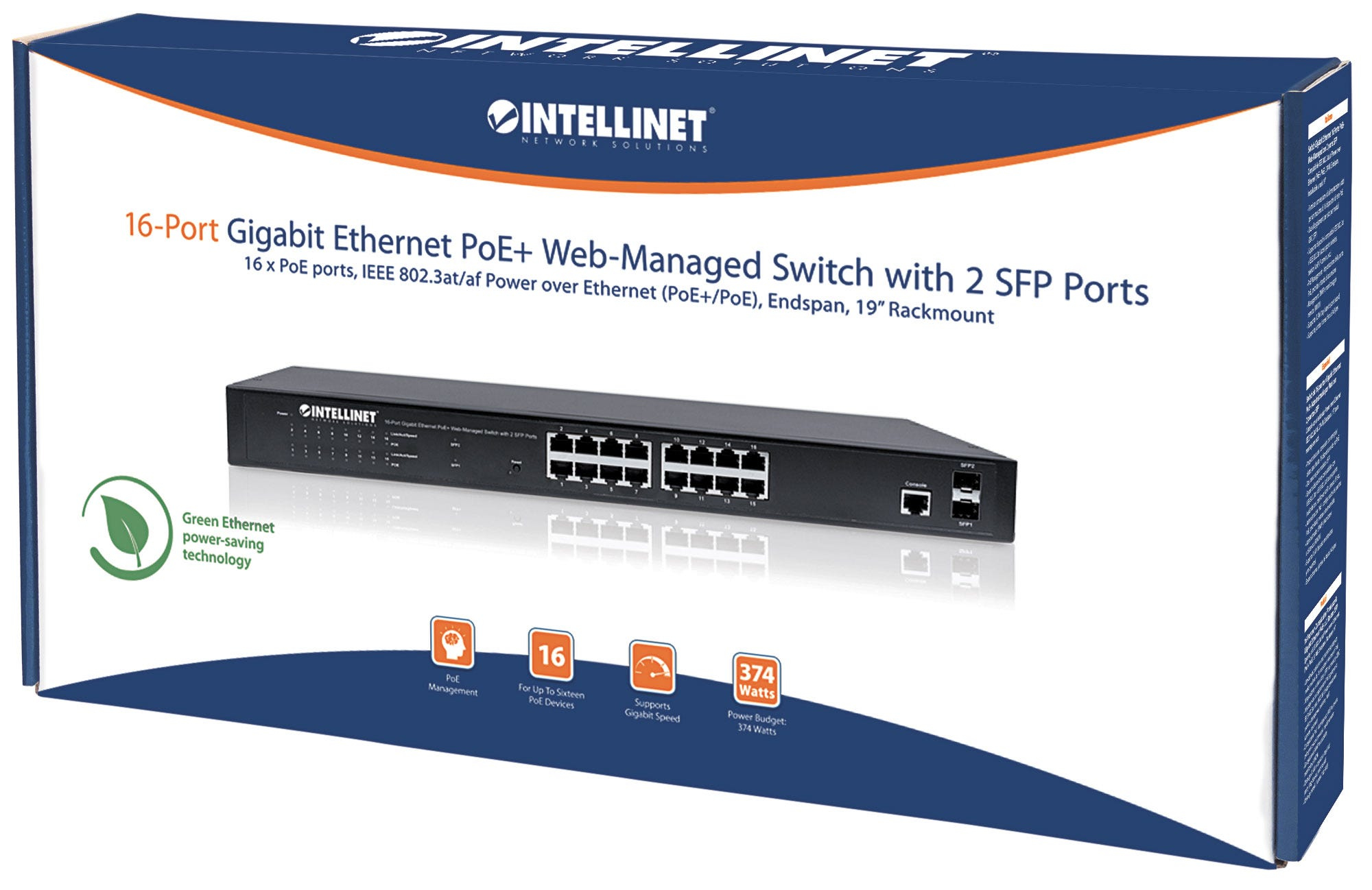 Intellinet 16-Port Gigabit Ethernet PoE+ Web-Managed Switch with 2 SFP Ports, IEEE 802.3at/af Power over Ethernet, Ansicht 2