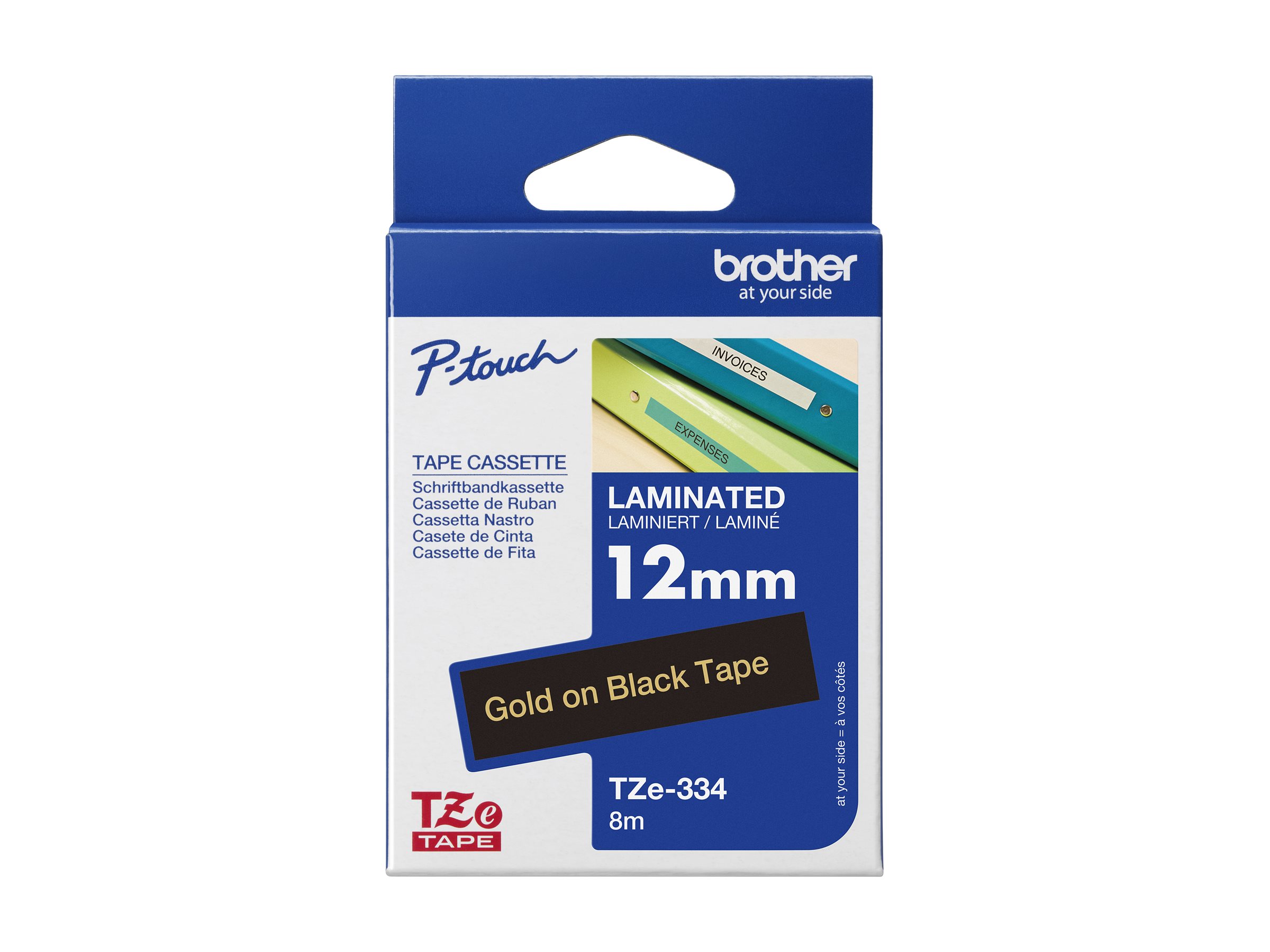 Brother TZe-334 - Standard-Klebstoff - gold auf schwarz - Rolle (12 cm x 8 m)