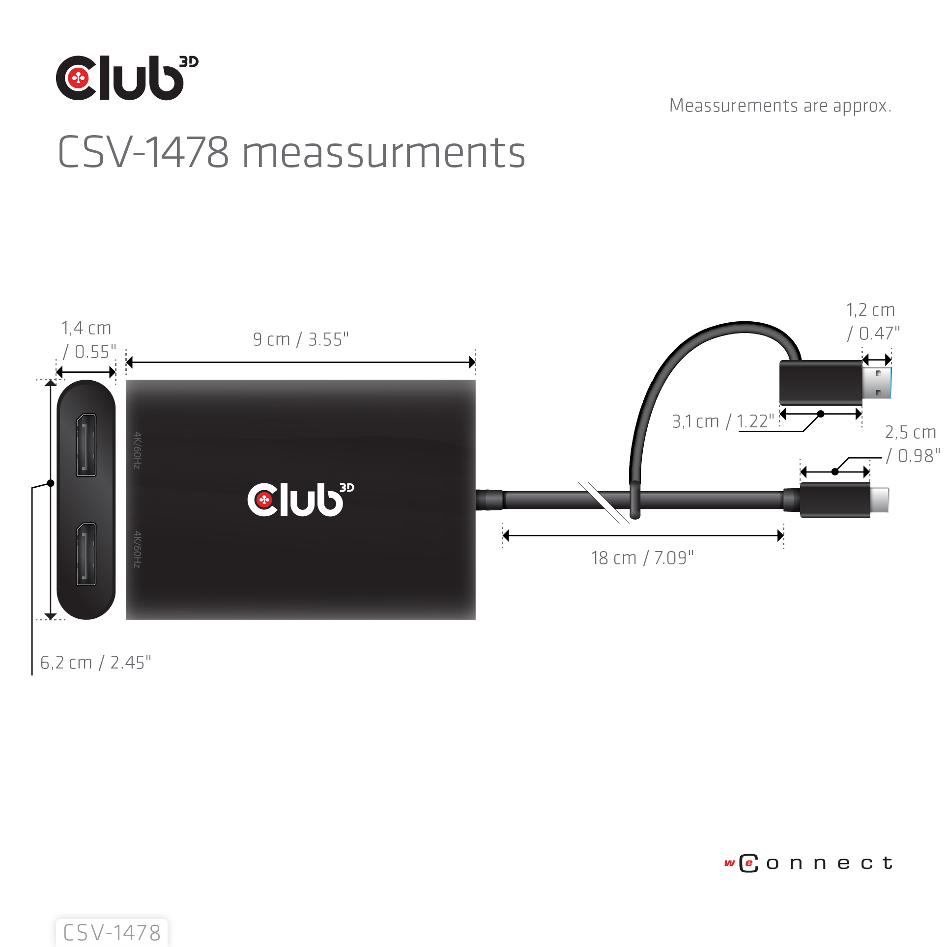Club 3D Videoadapter - 24 pin USB-C, USB Typ A (M) - zu DisplayPort (W) - Support von 4K 60 Hz - CSV-1478, Ansicht 2
