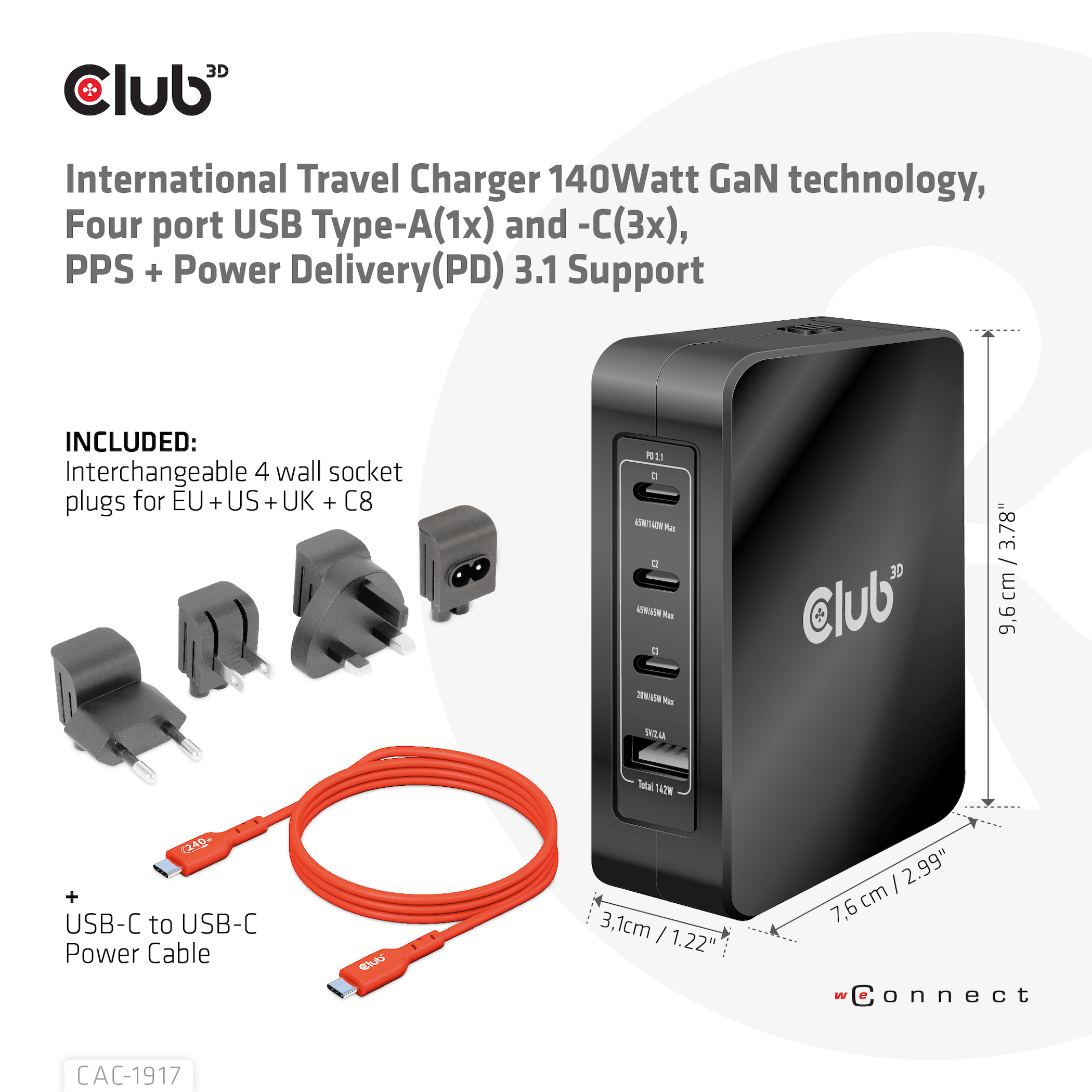 Club 3D CAC-1917 - Netzteil - GaN-Technologie - 140 Watt - 5 A - Power Delivery 3.1, PD/PPS - (USB, 3 x USB-C), Ansicht 3